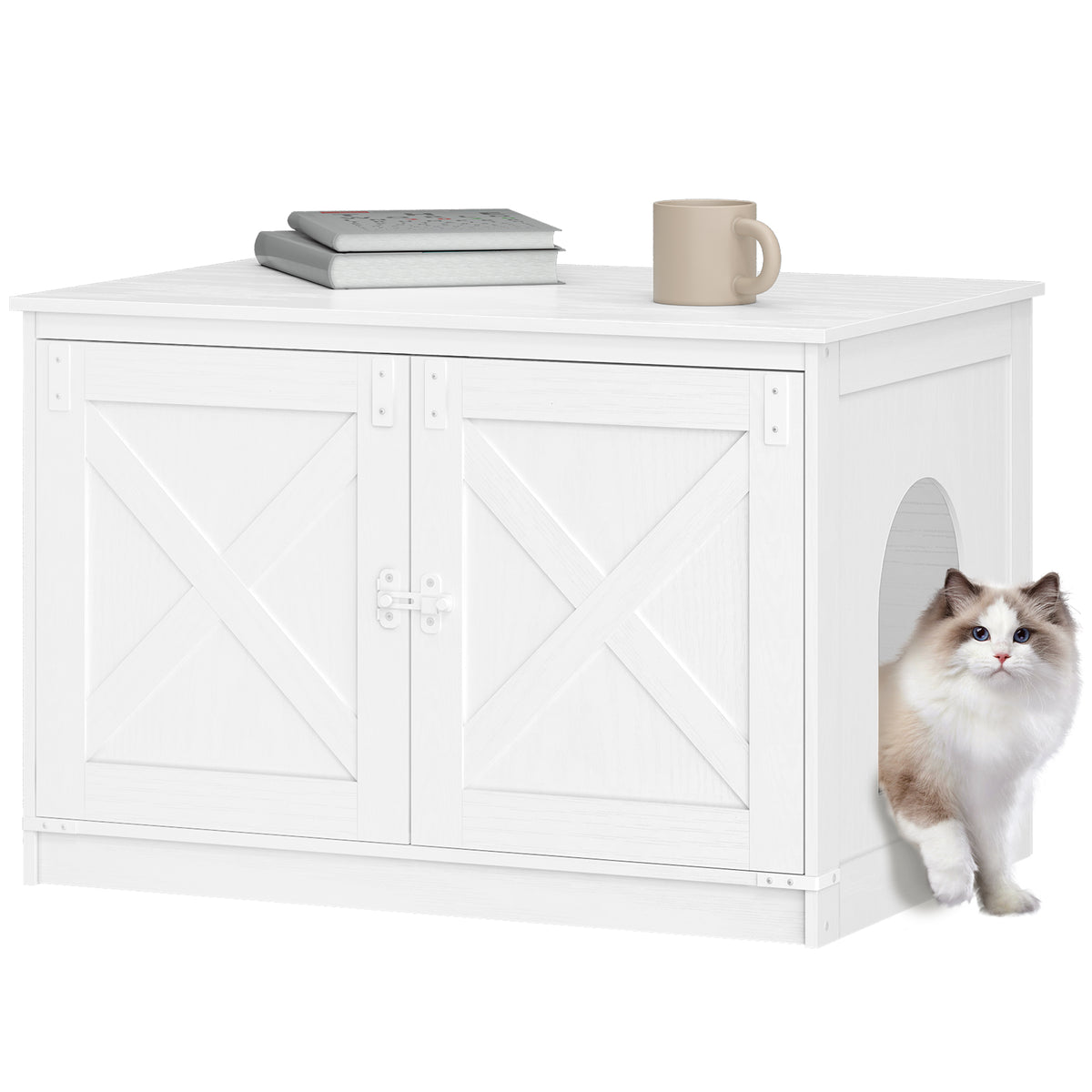 joyunite Cat Litter Box Enclosure, Hidden Litter Box Furniture with Detachable Dividers, Reversible Entrance Left or Right Side, Wooden Cat House, 80 x 50 x 54 cm, White CB86613W