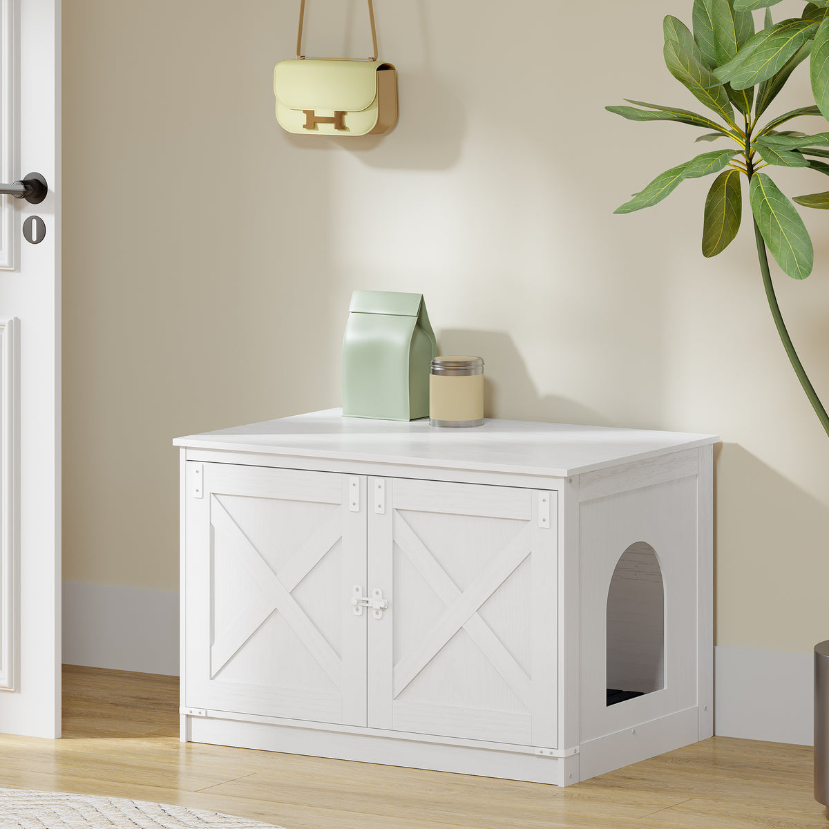 joyunite Cat Litter Box Enclosure, Hidden Litter Box Furniture with Detachable Dividers, Reversible Entrance Left or Right Side, Wooden Cat House, 80 x 50 x 54 cm, White CB86613W