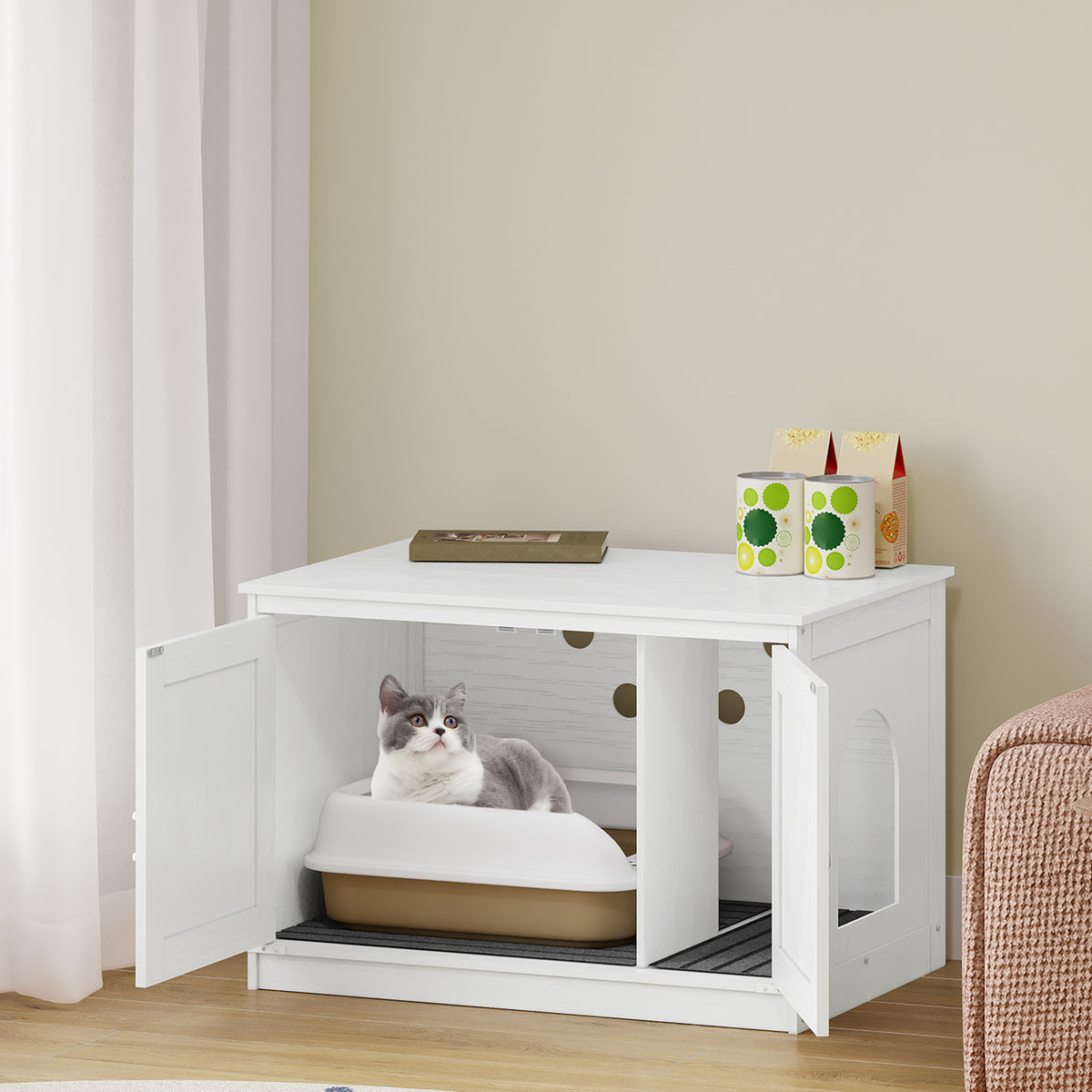joyunite Cat Litter Box Enclosure, Hidden Litter Box Furniture with Detachable Dividers, Reversible Entrance Left or Right Side, Wooden Cat House, 80 x 50 x 54 cm, White CB86613W