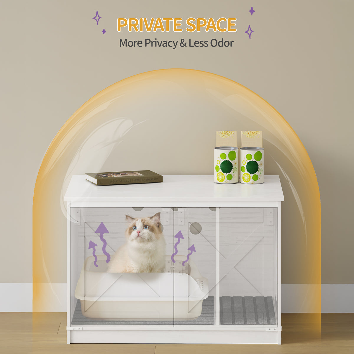 joyunite Cat Litter Box Enclosure, Hidden Litter Box Furniture with Detachable Dividers, Reversible Entrance Left or Right Side, Wooden Cat House, 80 x 50 x 54 cm, White CB86613W