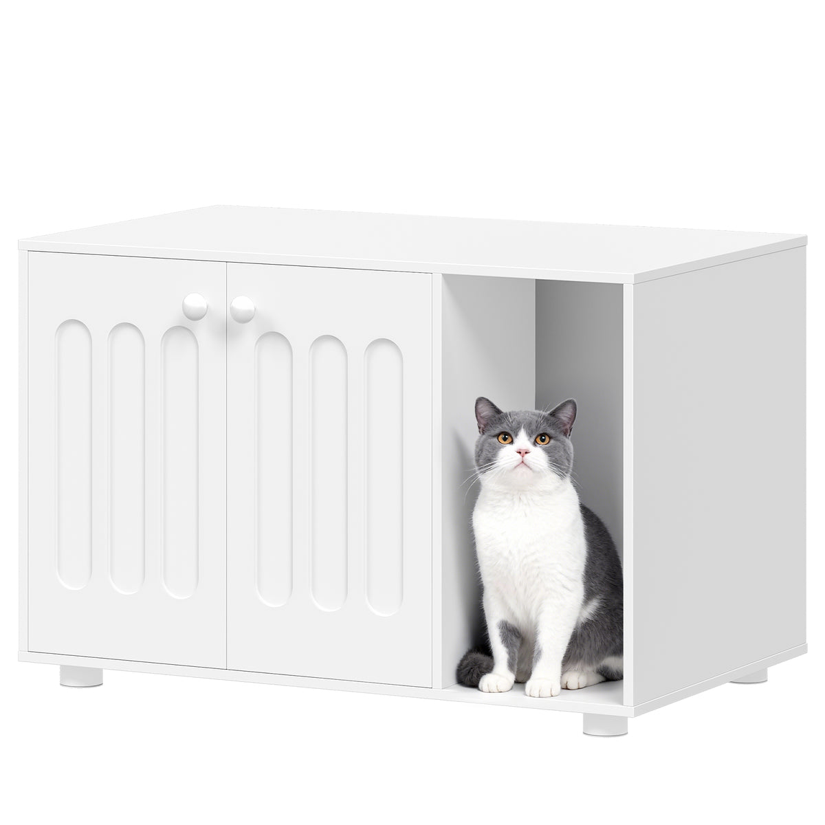 joyunite Cat Litter Box Enclosure, Hidden Litter Box Cabinet Furniture with Legs, Wooden Cat Litter Cupboard with 2 Door and Independent Partition, Modern Style, 80 x 48 x 51 cm, White CB87903X