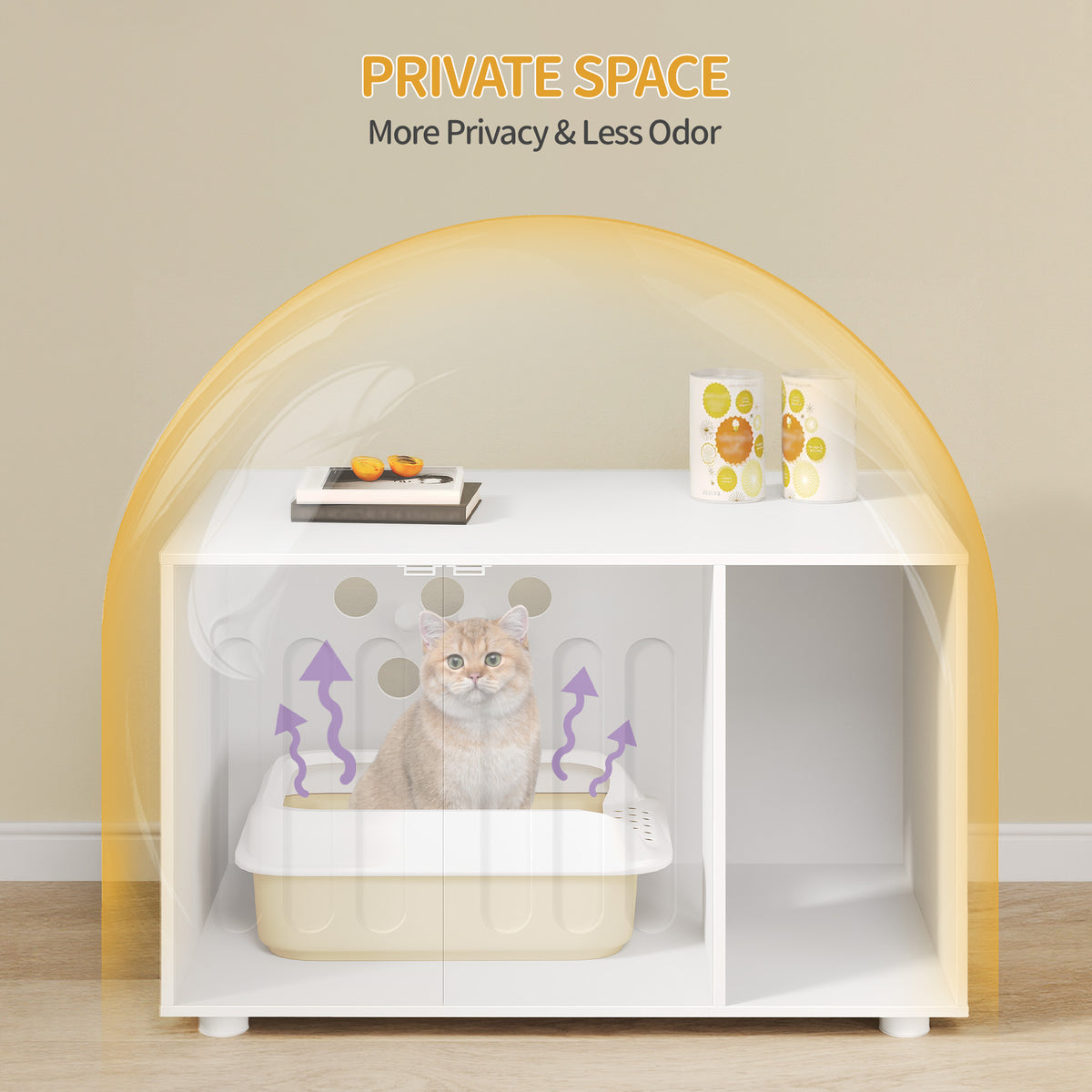 joyunite Cat Litter Box Enclosure, Hidden Litter Box Cabinet Furniture with Legs, Wooden Cat Litter Cupboard with 2 Door and Independent Partition, Modern Style, 80 x 48 x 51 cm, White CB87903X