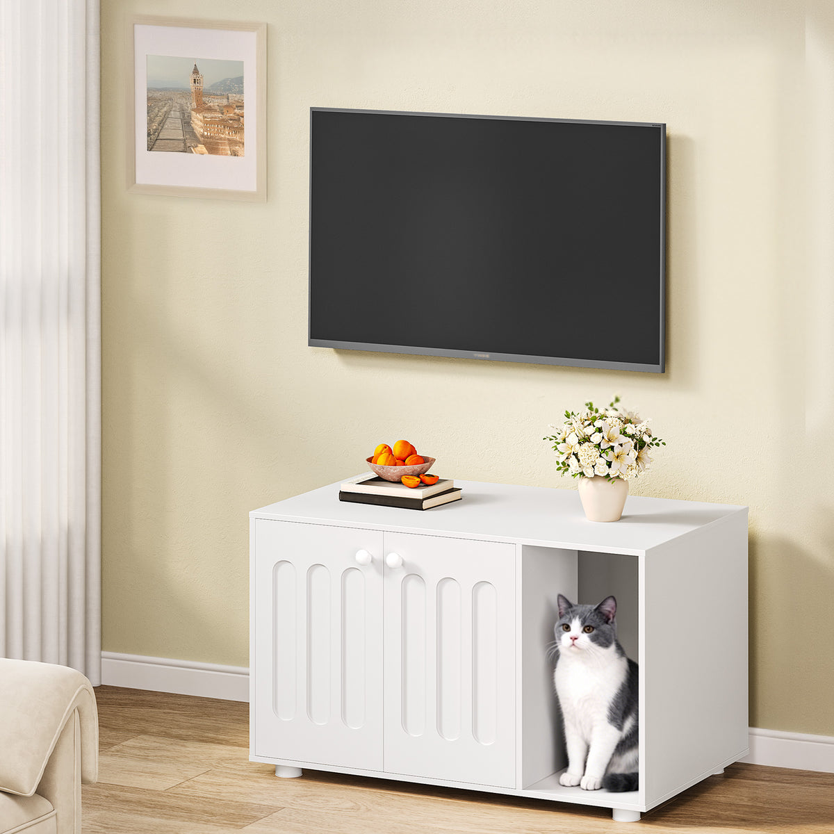 joyunite Cat Litter Box Enclosure, Hidden Litter Box Cabinet Furniture with Legs, Wooden Cat Litter Cupboard with 2 Door and Independent Partition, Modern Style, 80 x 48 x 51 cm, White CB87903X