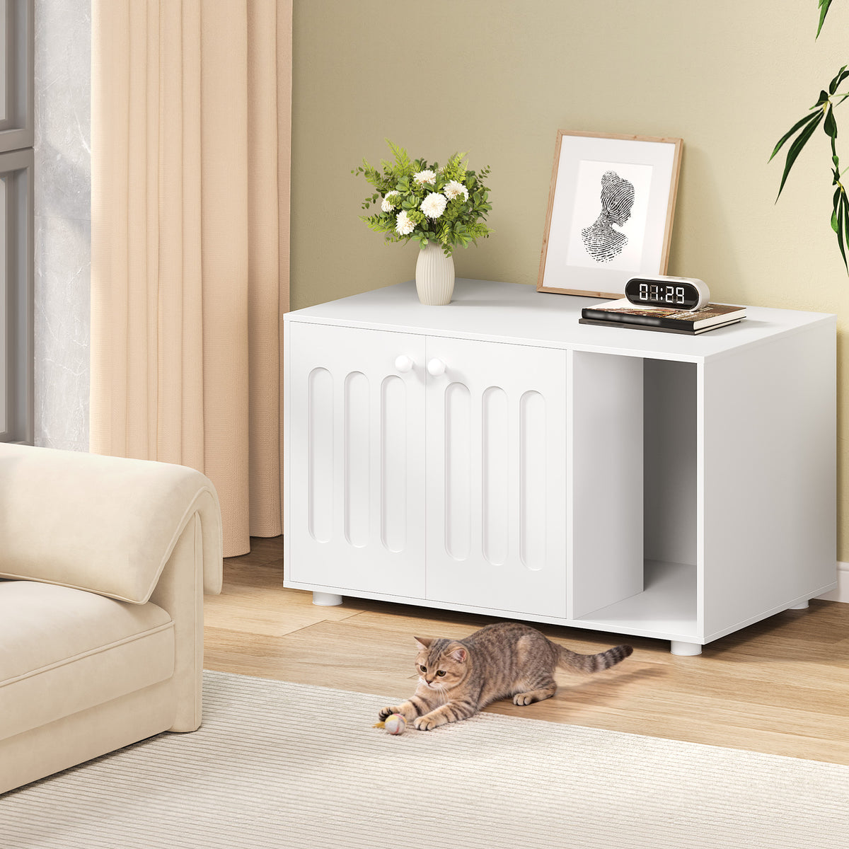joyunite Cat Litter Box Enclosure, Hidden Litter Box Cabinet Furniture with Legs, Wooden Cat Litter Cupboard with 2 Door and Independent Partition, Modern Style, 80 x 48 x 51 cm, White CB87903X