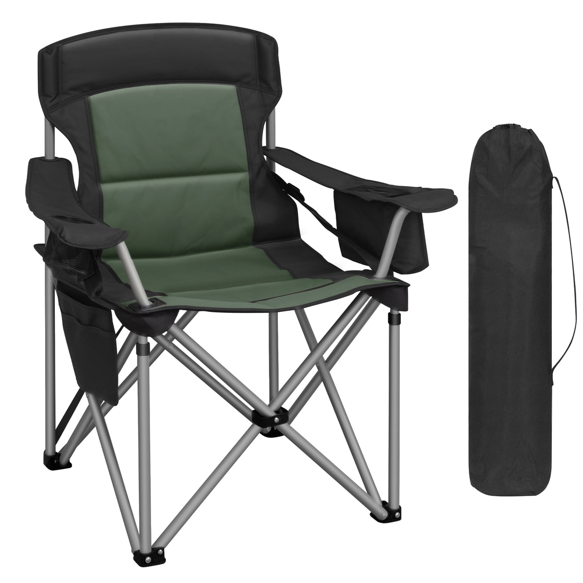joyunite Folding Camping Chair for Adults Oversized 220KG, Heavy Duty Padded Camping Chair with Adjustable Lumbar Support, Cooler Bag, Cup Holder for Garden Balcony Fishing Black and Green CC00299EAG