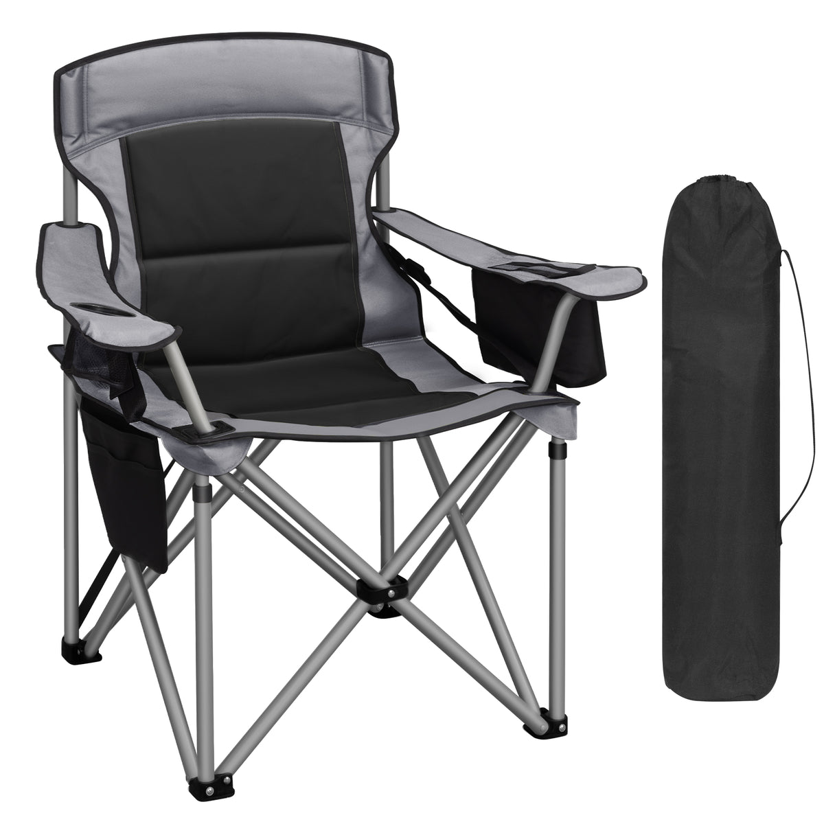 joyunite Folding Camping Chair for Adults Oversized 220KG, Heavy Duty Padded Camping Chair with Adjustable Lumbar Support, Cooler Bag, Cup Holder for Garden Balcony Fishing Black and Grey CC00299EGR