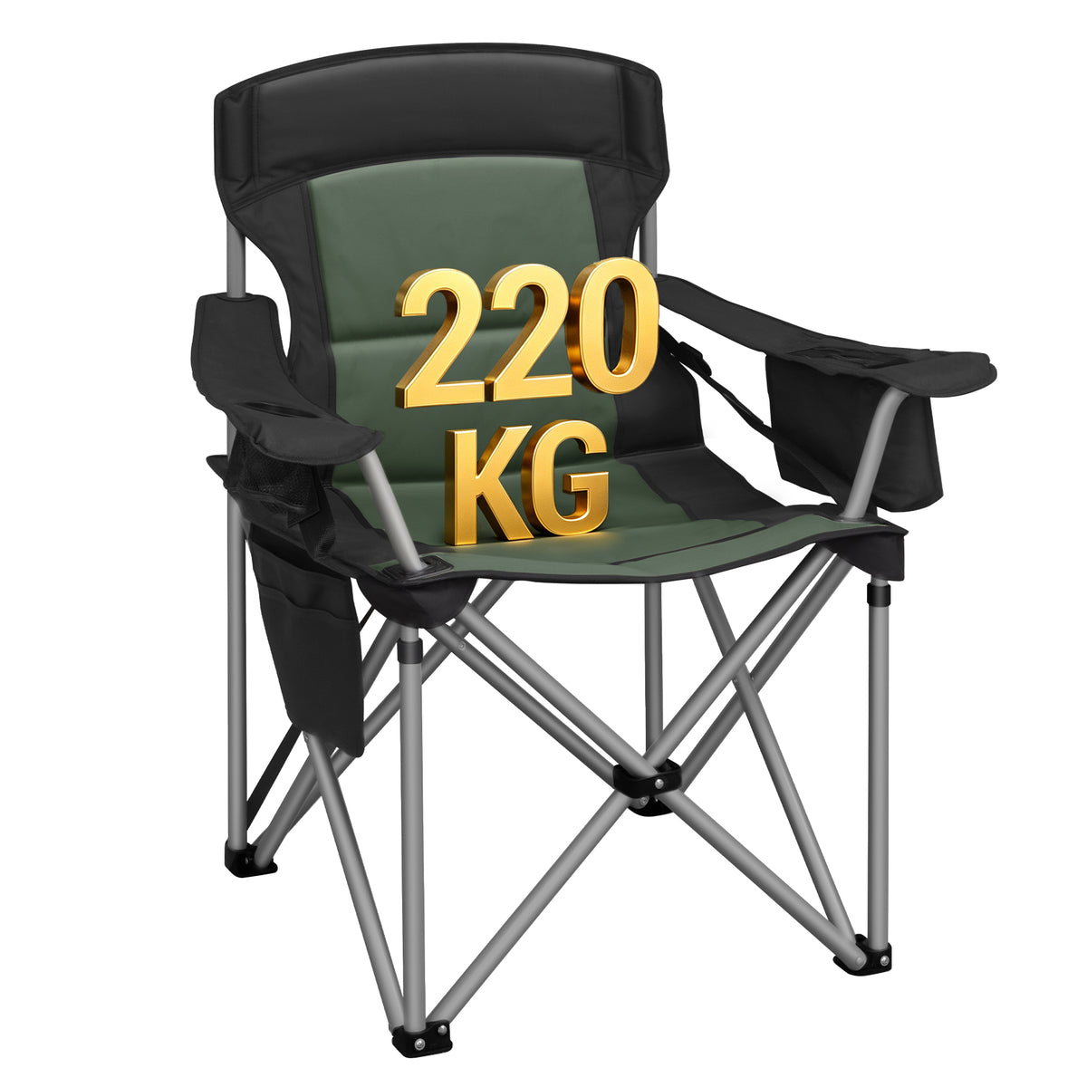 joyunite Folding Camping Chair for Adults Oversized 220KG, Heavy Duty Padded Camping Chair with Adjustable Lumbar Support, Cooler Bag, Cup Holder for Garden Balcony Fishing Black and Green CC00299EAG