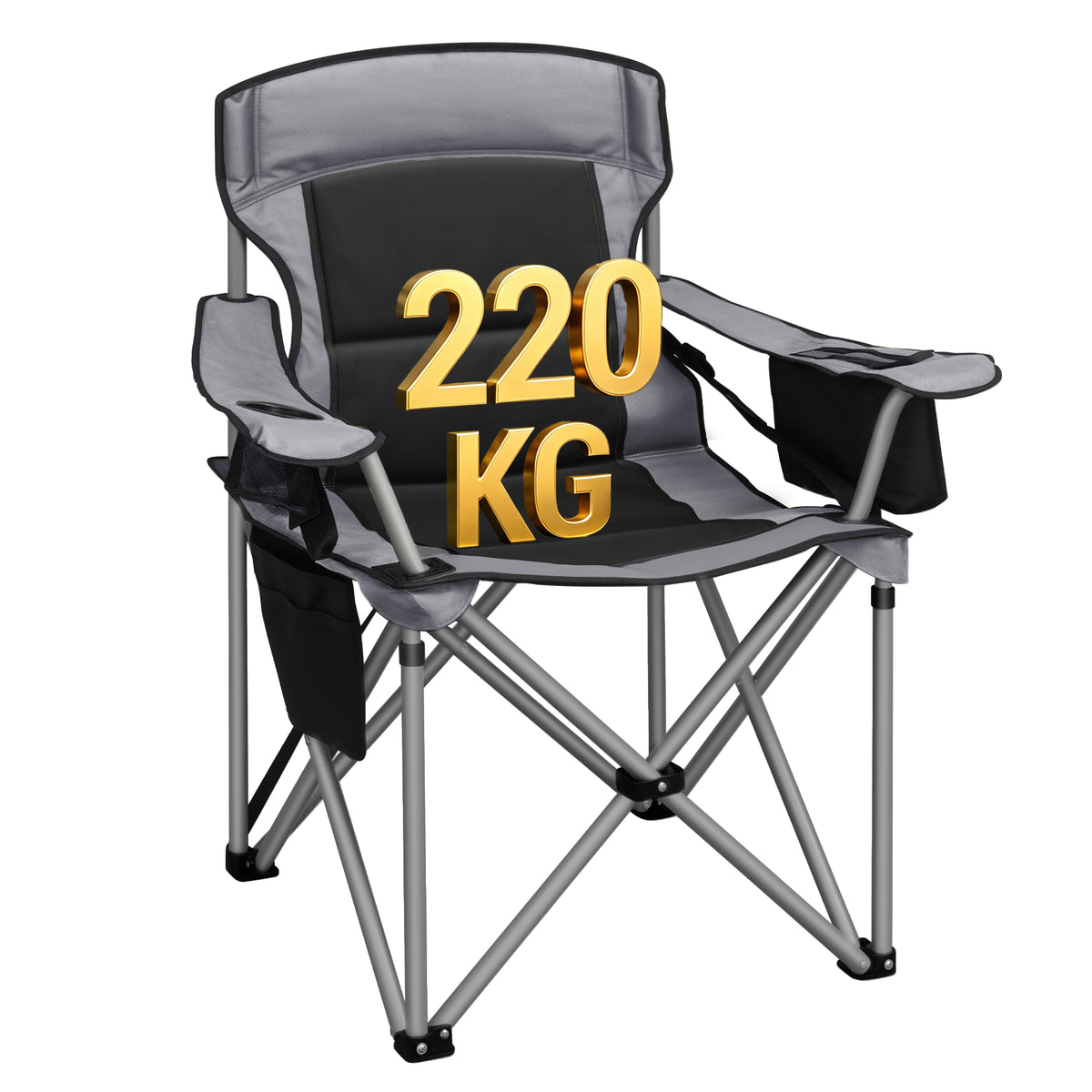 joyunite Folding Camping Chair for Adults Oversized 220KG, Heavy Duty Padded Camping Chair with Adjustable Lumbar Support, Cooler Bag, Cup Holder for Garden Balcony Fishing Black and Grey CC00299EGR