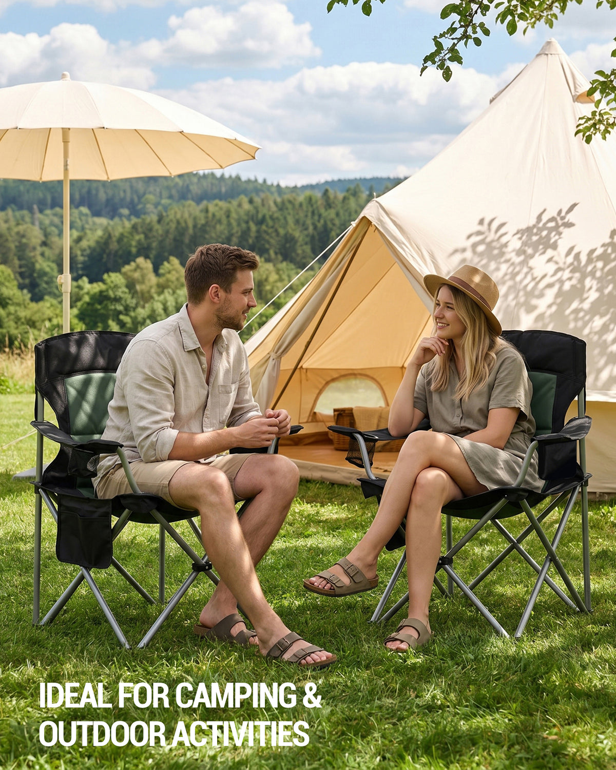 joyunite Folding Camping Chair for Adults Oversized 220KG, Heavy Duty Padded Camping Chair with Adjustable Lumbar Support, Cooler Bag, Cup Holder for Garden Balcony Fishing Black and Green CC00299EAG