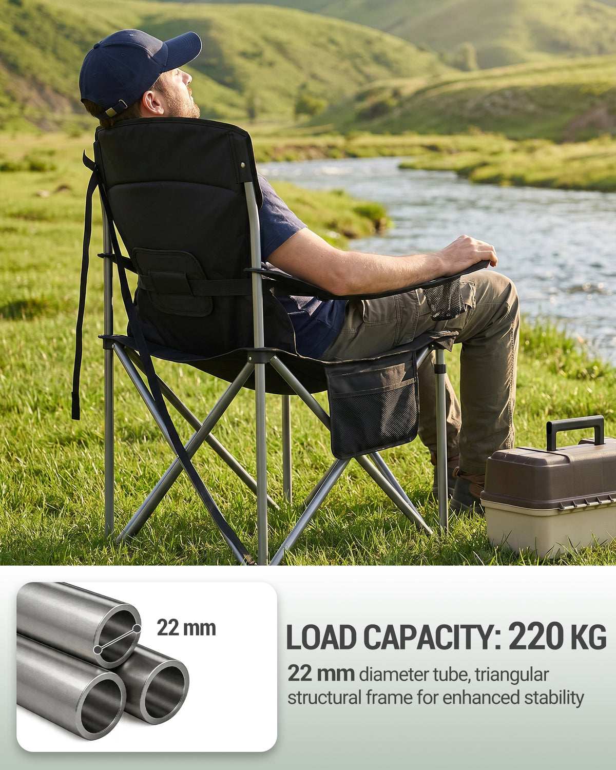 joyunite Folding Camping Chair for Adults Oversized 220KG, Heavy Duty Padded Camping Chair with Adjustable Lumbar Support, Cooler Bag, Cup Holder for Garden Balcony Fishing Black and Green CC00299EAG