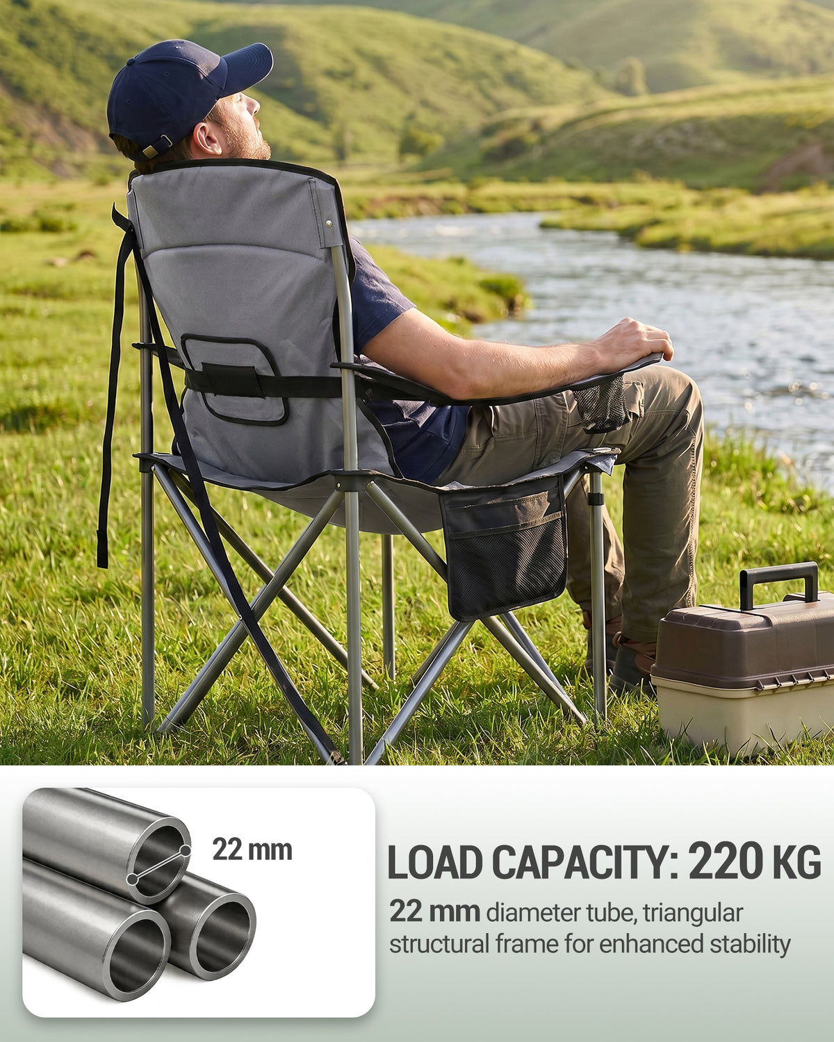 joyunite Folding Camping Chair for Adults Oversized 220KG, Heavy Duty Padded Camping Chair with Adjustable Lumbar Support, Cooler Bag, Cup Holder for Garden Balcony Fishing Black and Grey CC00299EGR