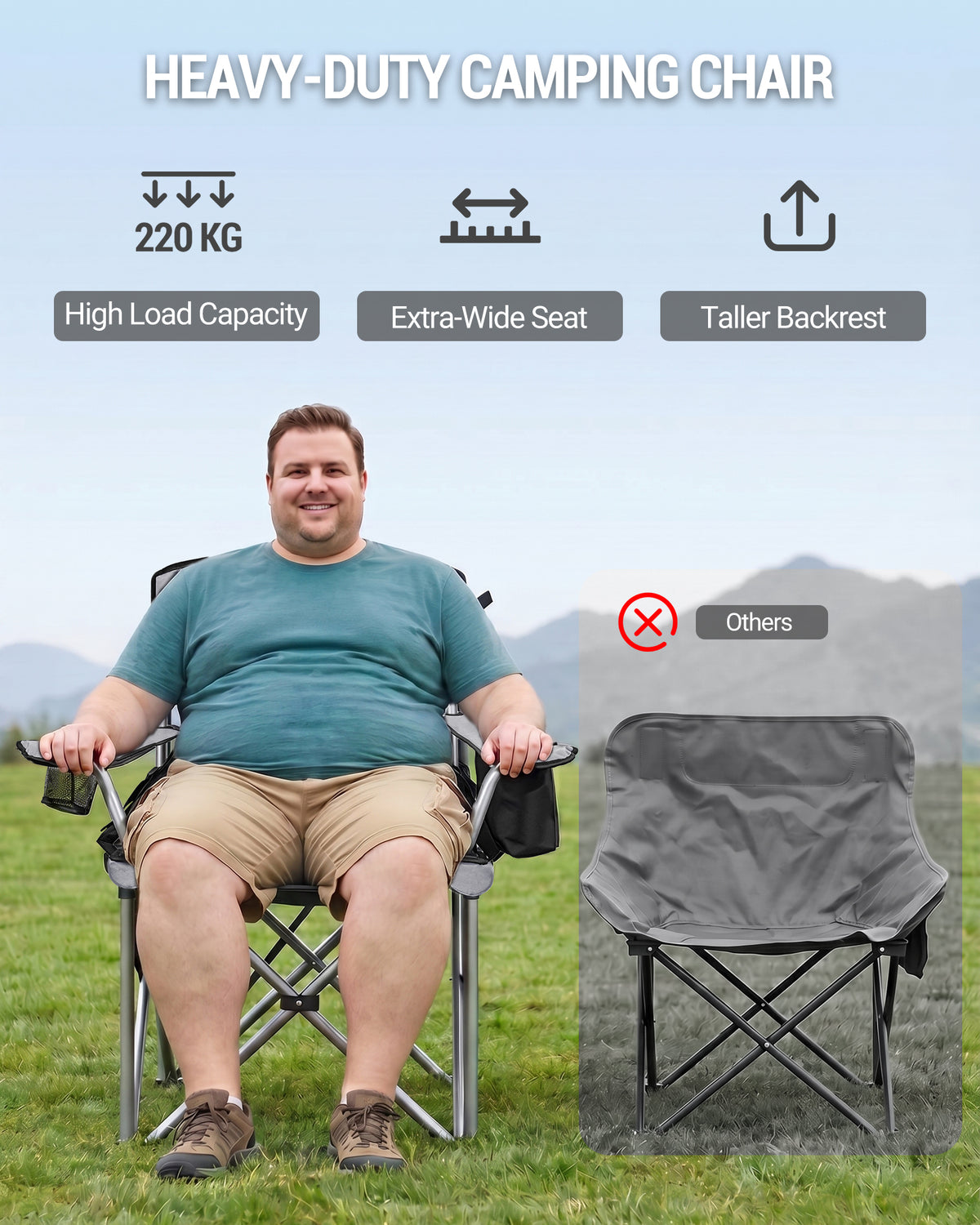 joyunite Folding Camping Chair for Adults Oversized 220KG, Heavy Duty Padded Camping Chair with Adjustable Lumbar Support, Cooler Bag, Cup Holder for Garden Balcony Fishing Black and Grey CC00299EGR