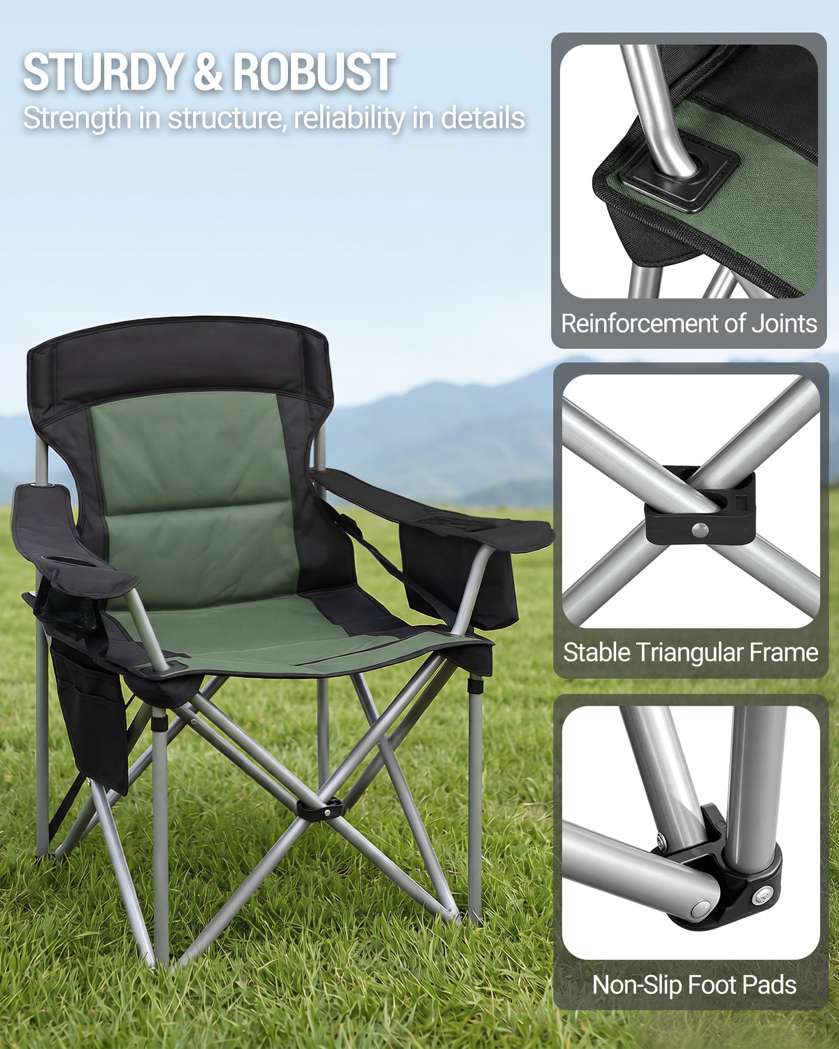 joyunite Folding Camping Chair for Adults Oversized 220KG, Heavy Duty Padded Camping Chair with Adjustable Lumbar Support, Cooler Bag, Cup Holder for Garden Balcony Fishing Black and Green CC00299EAG