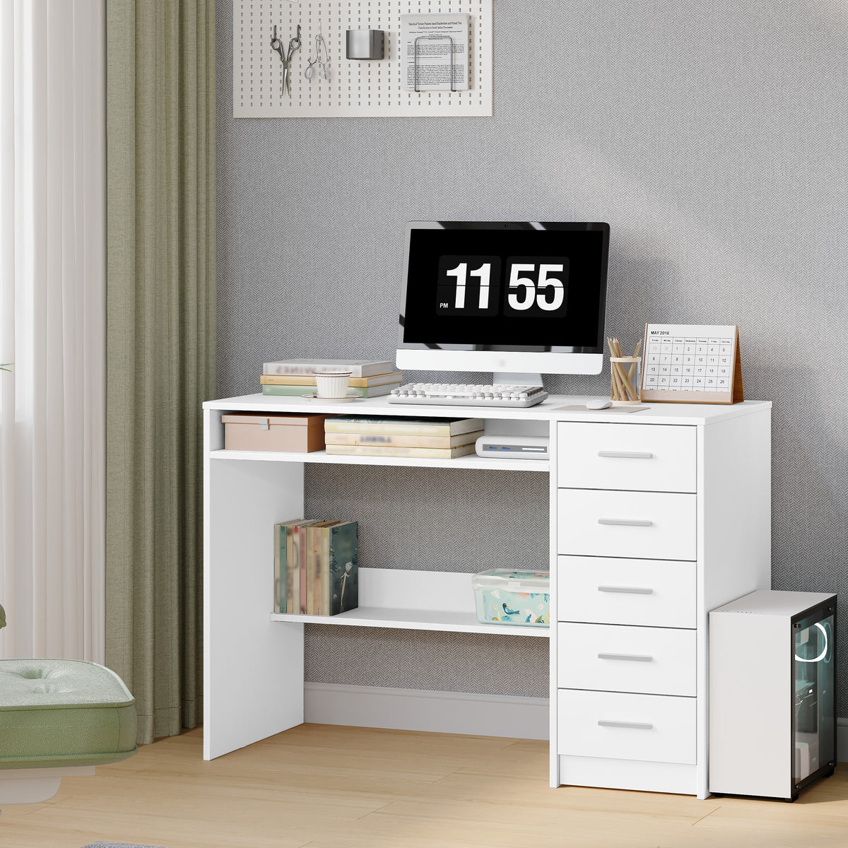 joyunite Computer Desk with 5 Drawers, Office Desk, Modern Table with Shelf for Study, Office, Bedroom, 50 x 108 x 75 cm, White CD10503X
