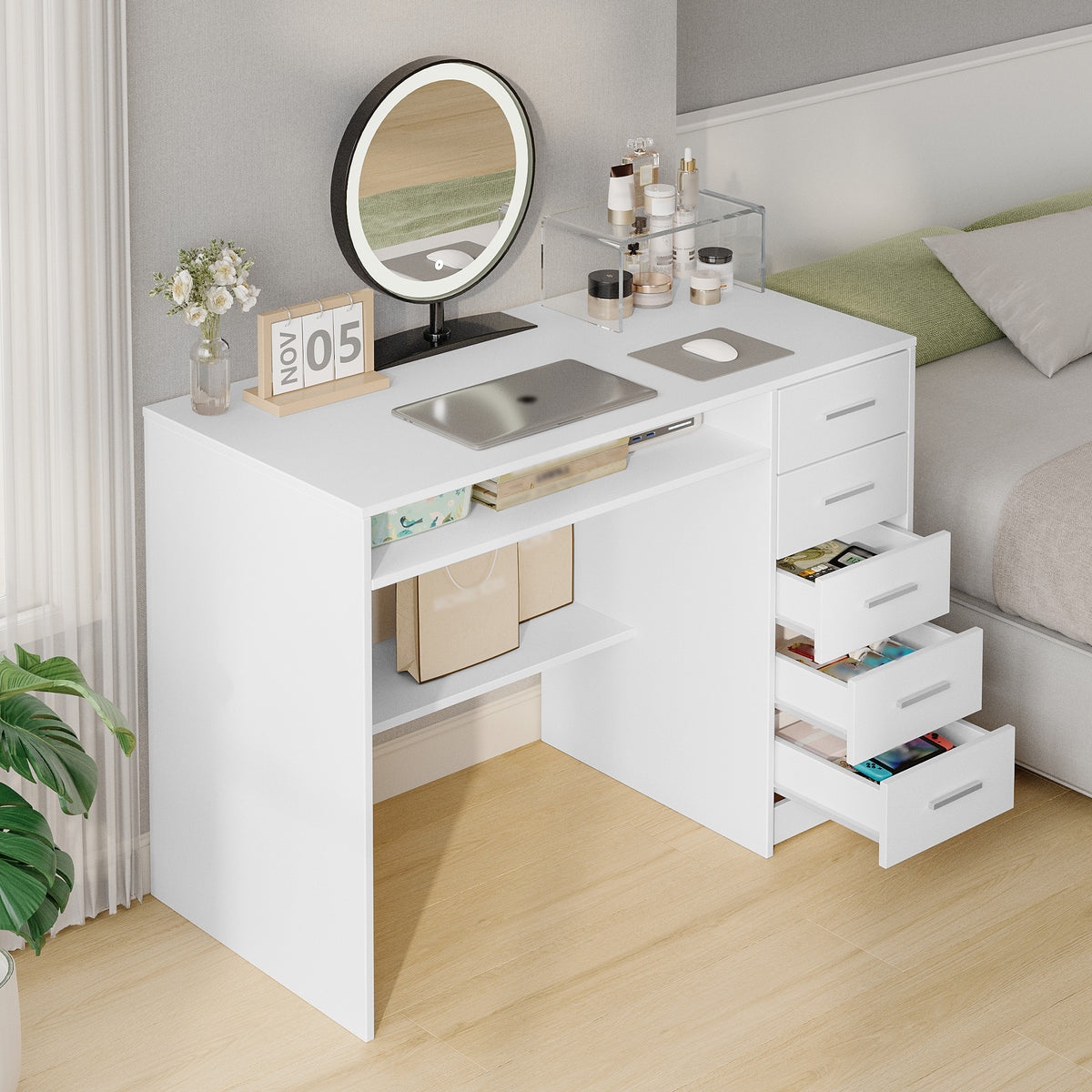 joyunite Computer Desk with 5 Drawers, Office Desk, Modern Table with Shelf for Study, Office, Bedroom, 50 x 108 x 75 cm, White CD10503X