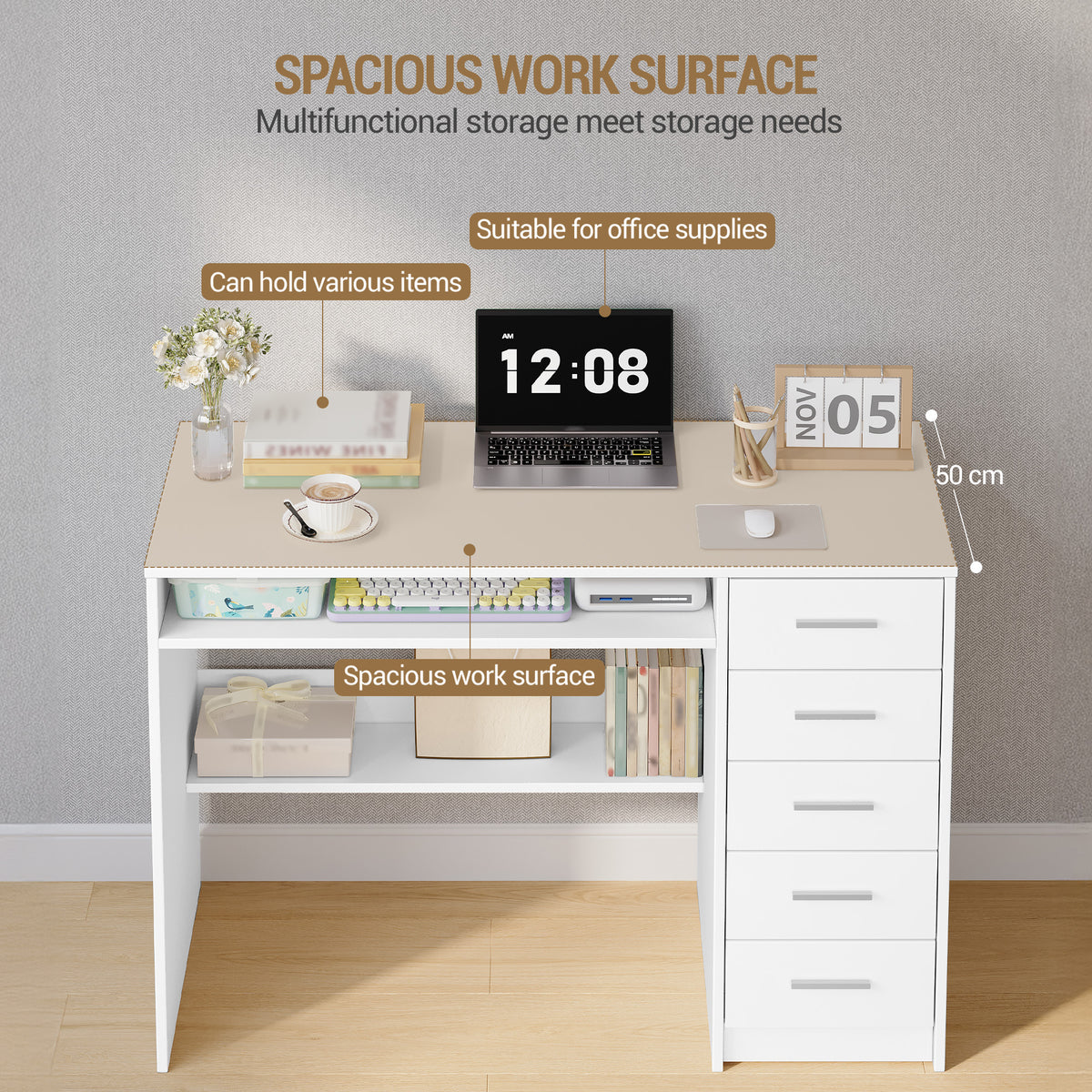 joyunite Computer Desk with 5 Drawers, Office Desk, Modern Table with Shelf for Study, Office, Bedroom, 50 x 108 x 75 cm, White CD10503X