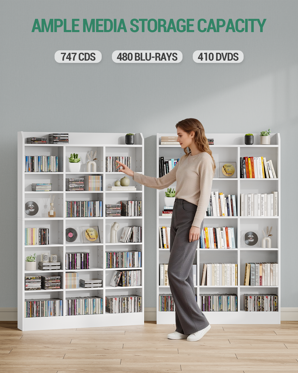 joyunite CD Shelf, DVD Shelf, 8-Tier Open CD Stand with 15 Adjustable Shelves, Manga Shelf, Suitable for Living Room and Study, 17 x 100 x 154.5 cm, White CR18003X