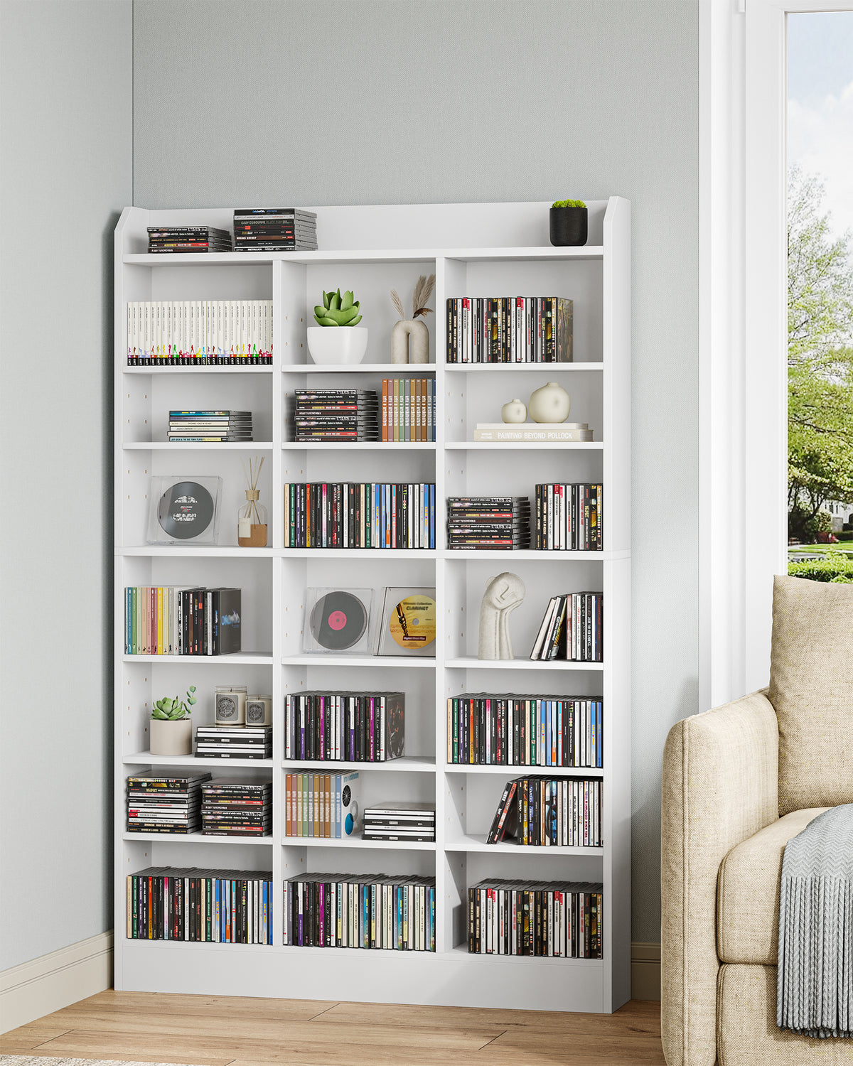 joyunite CD Shelf, DVD Shelf, 8-Tier Open CD Stand with 15 Adjustable Shelves, Manga Shelf, Suitable for Living Room and Study, 17 x 100 x 154.5 cm, White CR18003X