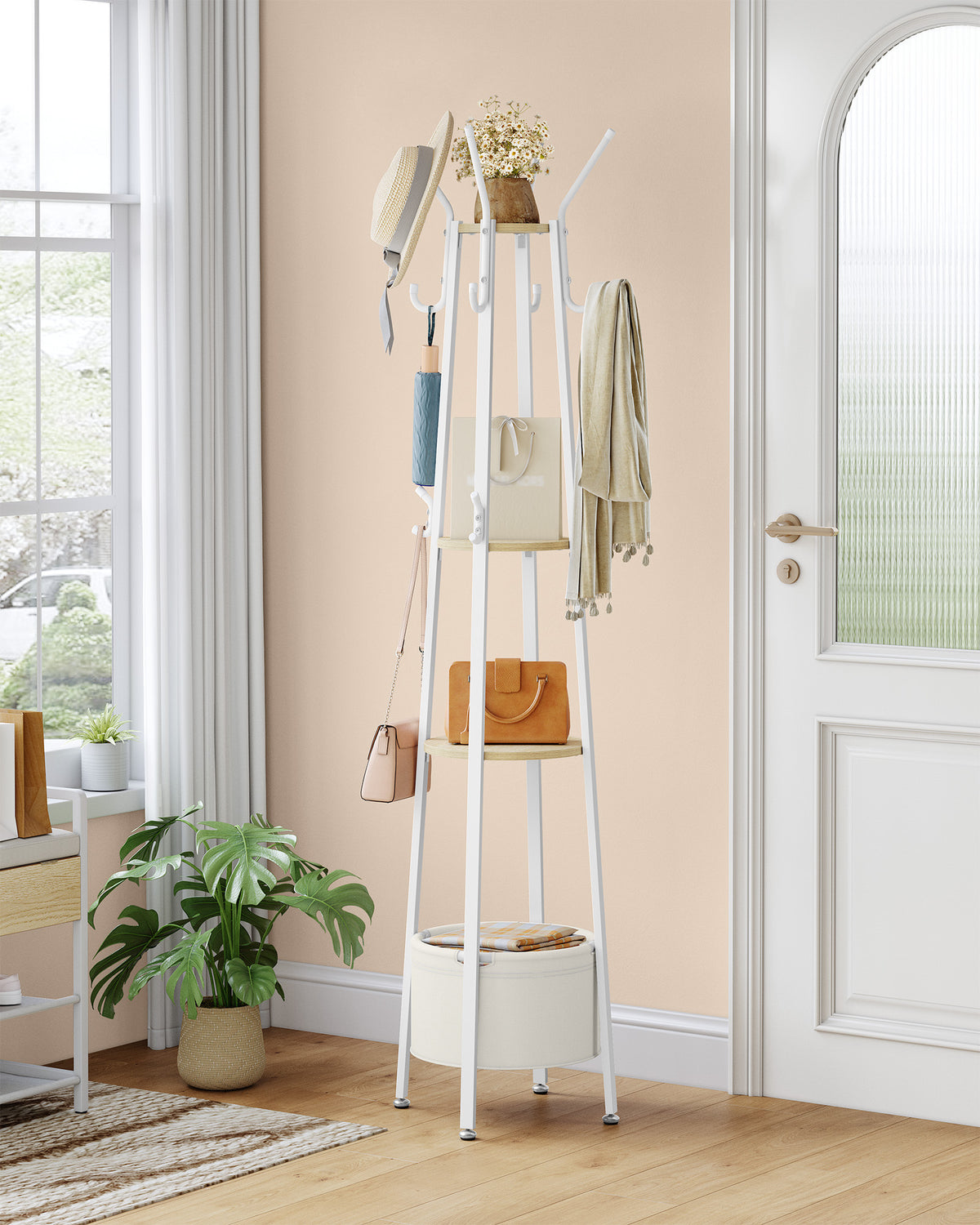 joyunite Coat Stand, Coat Rack with 16 Hooks and 1 Basket, Metal Coats Hall Tree for Scarves, Bags, Hats, FreeStanding, Hallway, Living Room, Bedroom, Office, White Oak CR27316W