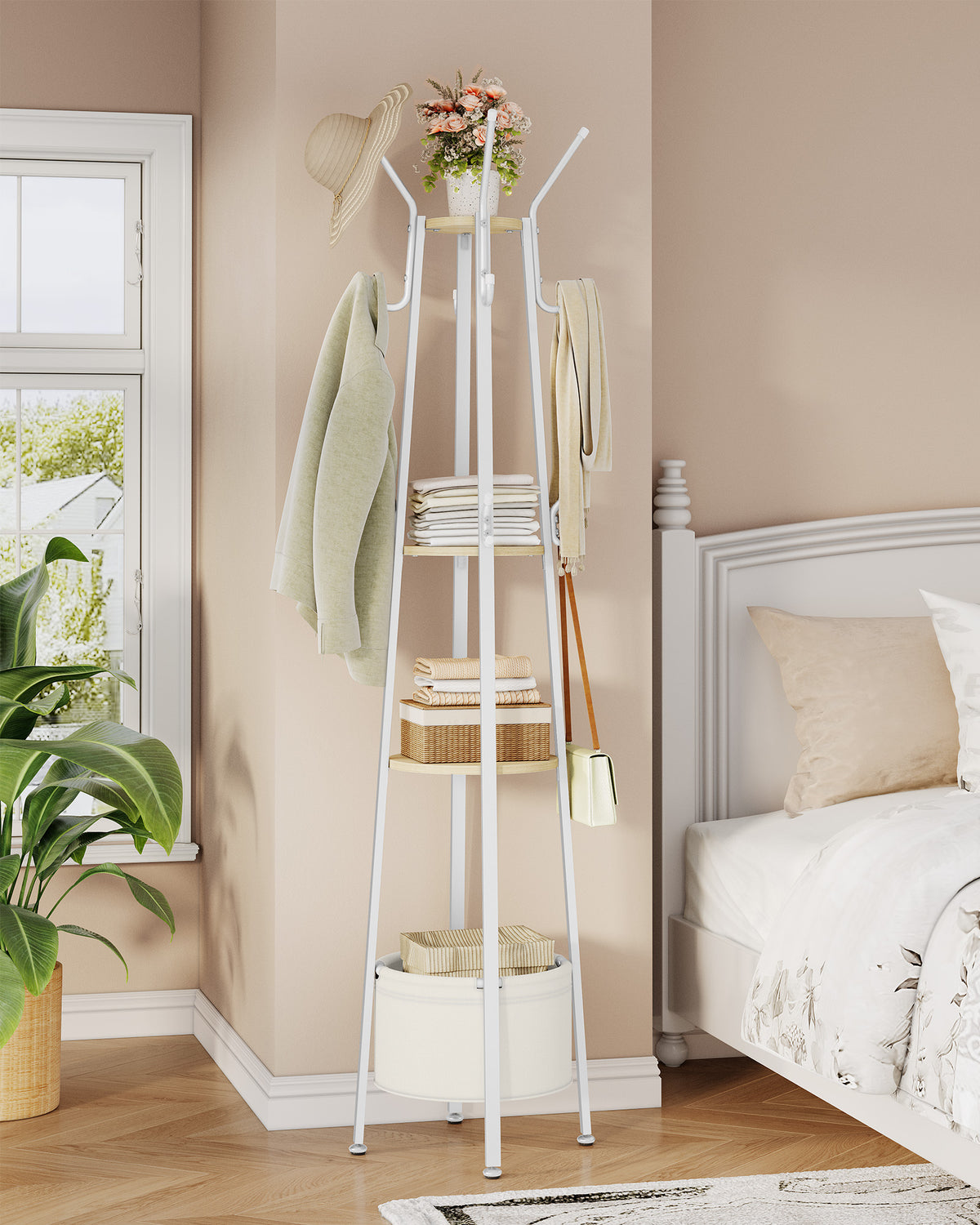 joyunite Coat Stand, Coat Rack with 16 Hooks and 1 Basket, Metal Coats Hall Tree for Scarves, Bags, Hats, FreeStanding, Hallway, Living Room, Bedroom, Office, White Oak CR27316W