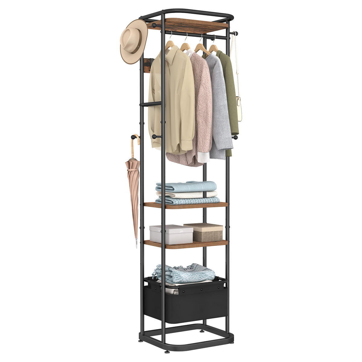 joyunite Coat Rack with Large Storage Basket, Coat Rack with 3 Shelves, 11 Hooks, 40 x 44.5 x 182 cm, for Bedroom, Hallway, Entryway, Brown and Black CR34701B
