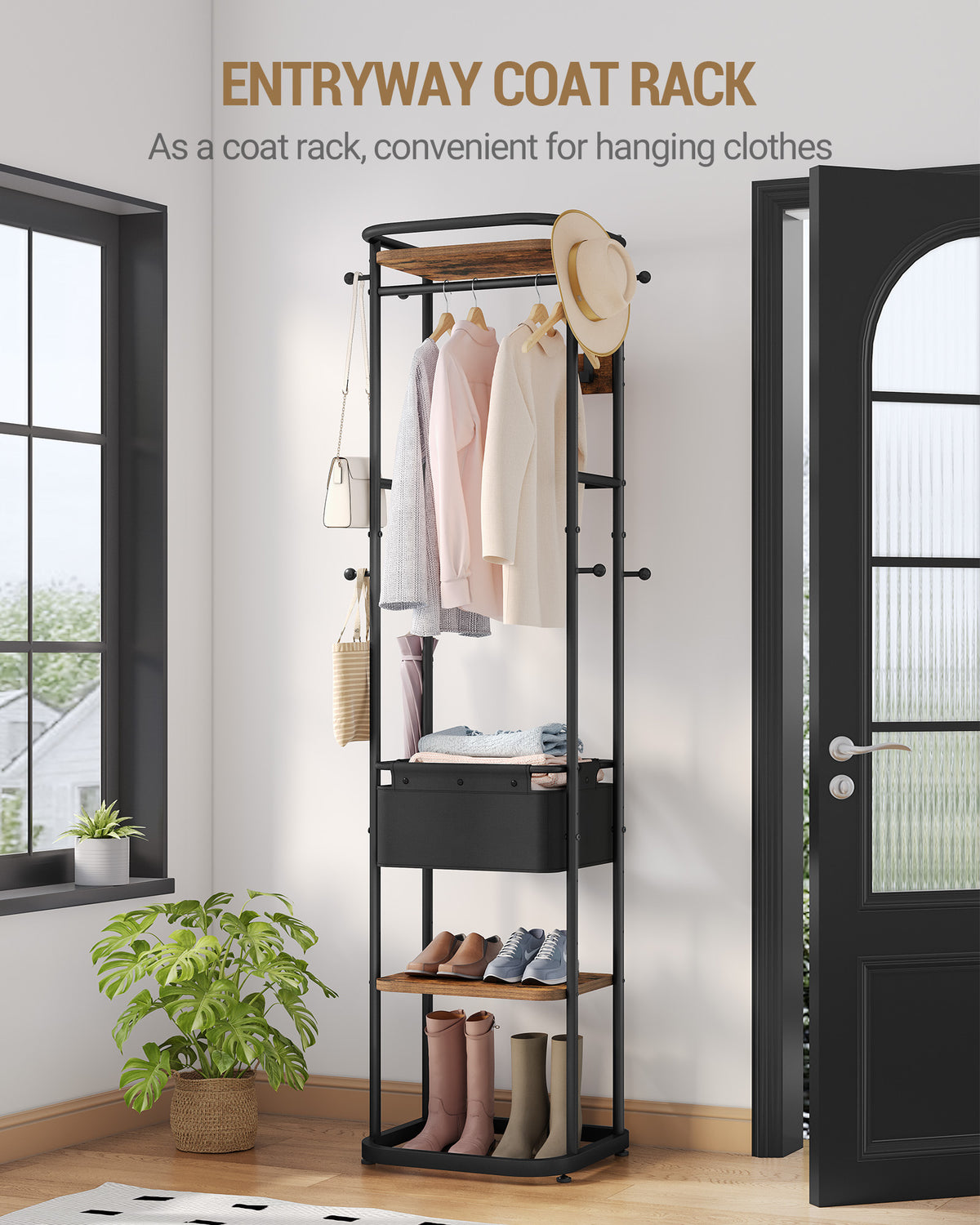 joyunite Coat Rack with Large Storage Basket, Coat Rack with 3 Shelves, 11 Hooks, 40 x 44.5 x 182 cm, for Bedroom, Hallway, Entryway, Brown and Black CR34701B