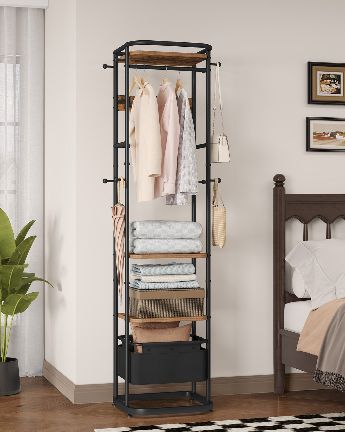 joyunite Coat Rack with Large Storage Basket, Coat Rack with 3 Shelves, 11 Hooks, 40 x 44.5 x 182 cm, for Bedroom, Hallway, Entryway, Brown and Black CR34701B