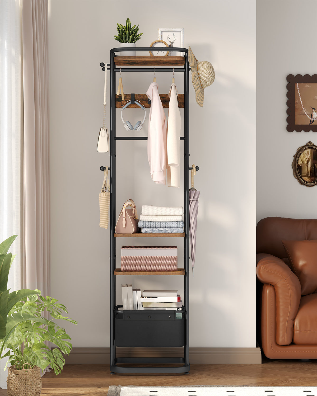 joyunite Coat Rack with Large Storage Basket, Coat Rack with 3 Shelves, 11 Hooks, 40 x 44.5 x 182 cm, for Bedroom, Hallway, Entryway, Brown and Black CR34701B