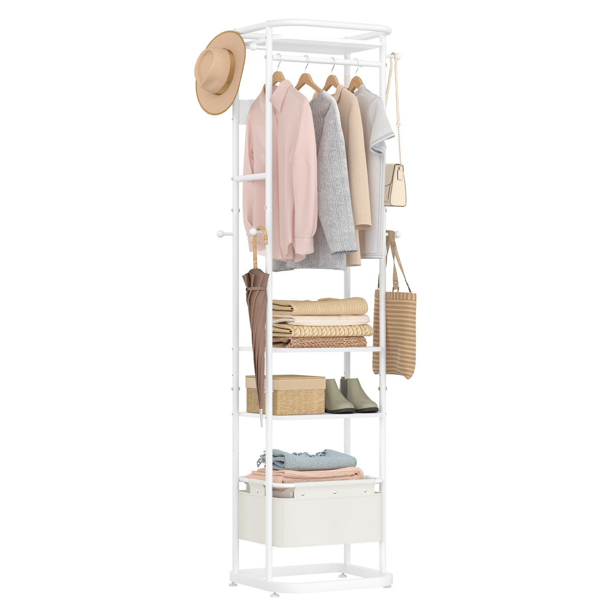 joyunite Coat Stand with Large Storage Basket with 3 Shelves 11 Hooks 40 x 44.5 x 182 cm for Bedroom Hallway Entrance Area White CR34703W