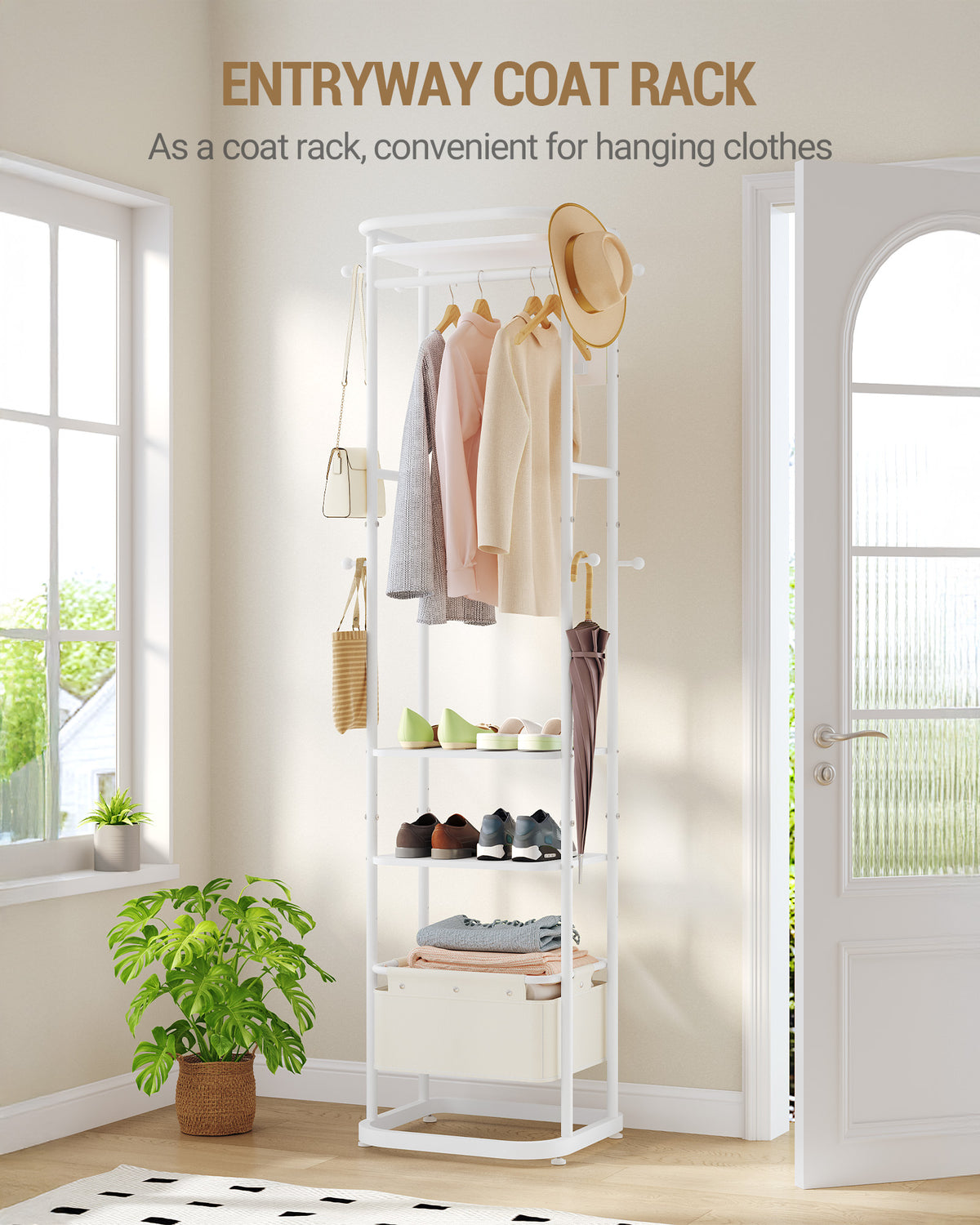 joyunite Coat Stand with Large Storage Basket with 3 Shelves 11 Hooks 40 x 44.5 x 182 cm for Bedroom Hallway Entrance Area White CR34703W