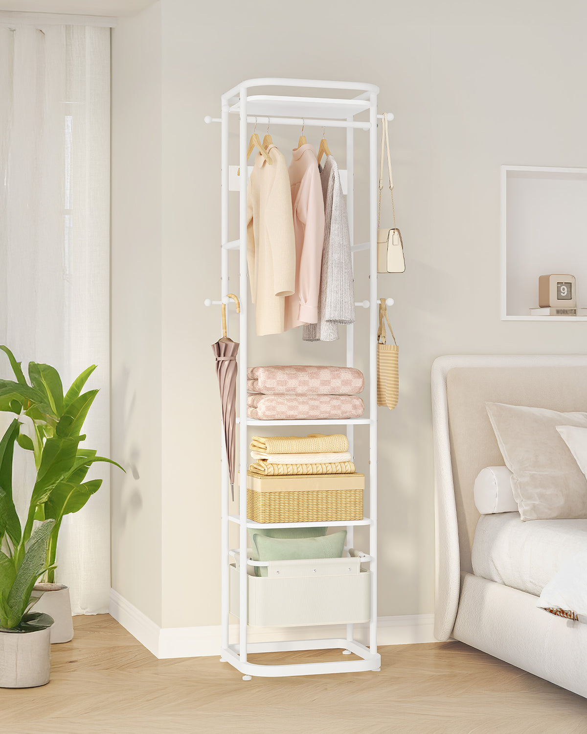 joyunite Coat Stand with Large Storage Basket with 3 Shelves 11 Hooks 40 x 44.5 x 182 cm for Bedroom Hallway Entrance Area White CR34703W