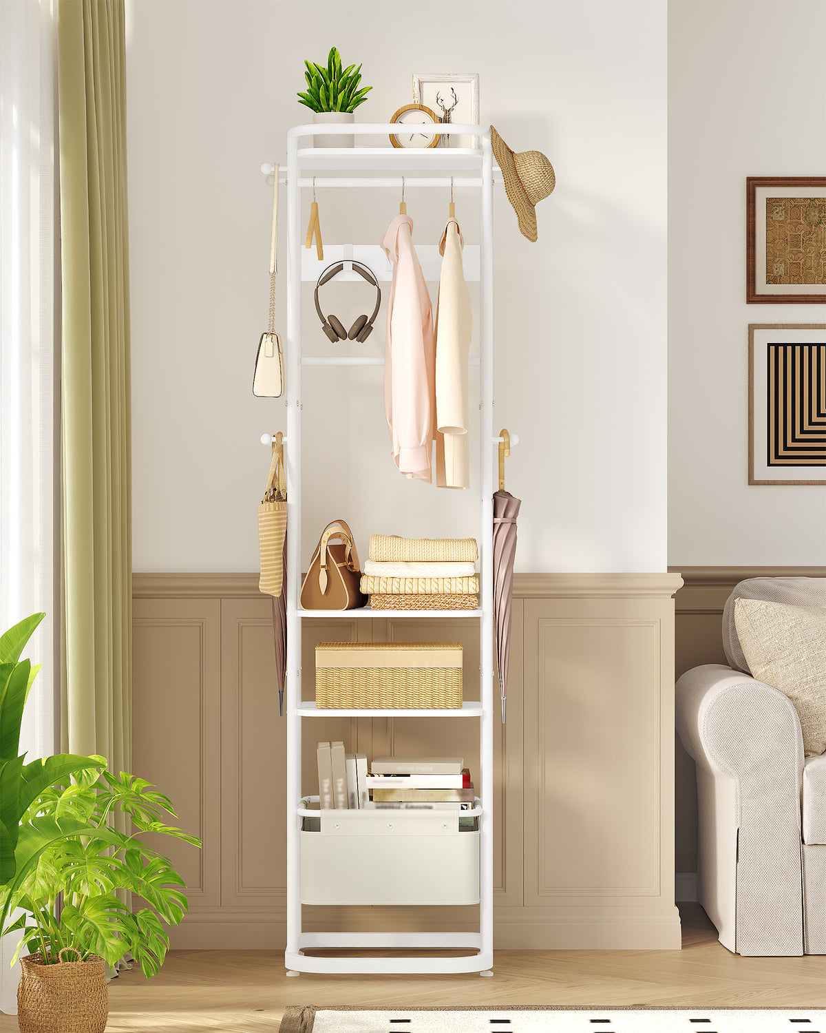 joyunite Coat Stand with Large Storage Basket with 3 Shelves 11 Hooks 40 x 44.5 x 182 cm for Bedroom Hallway Entrance Area White CR34703W