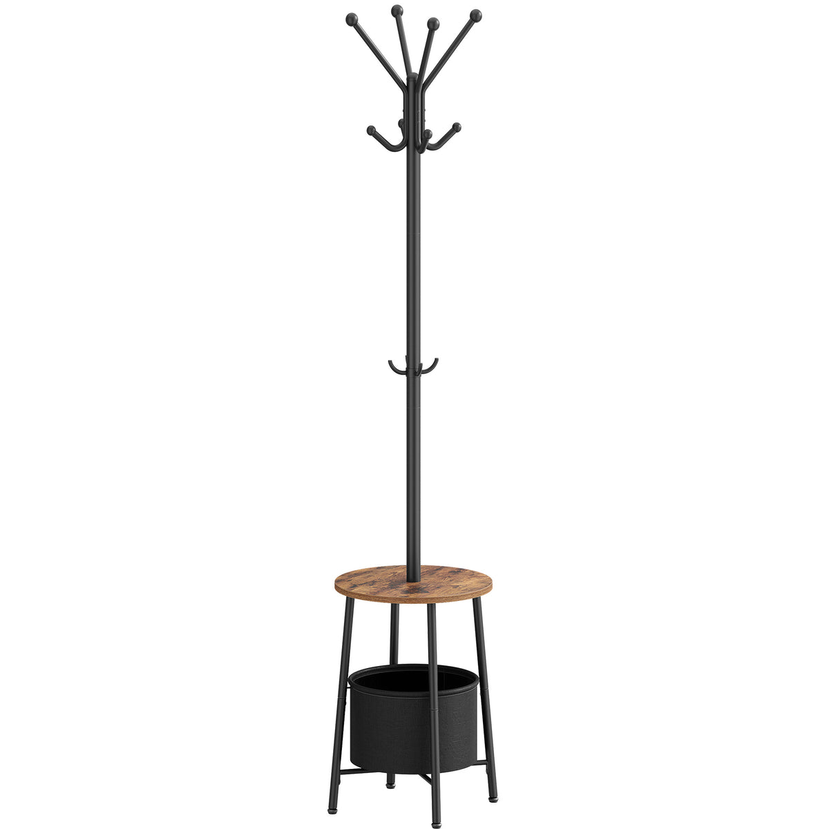 joyunite Coat Rack, Free-Standing Coat Rack with Large Storage Basket, 12 Hooks and 1 Shelf for Scarves, Bags, 182 cm, Rustic Brown and Black CR62601B