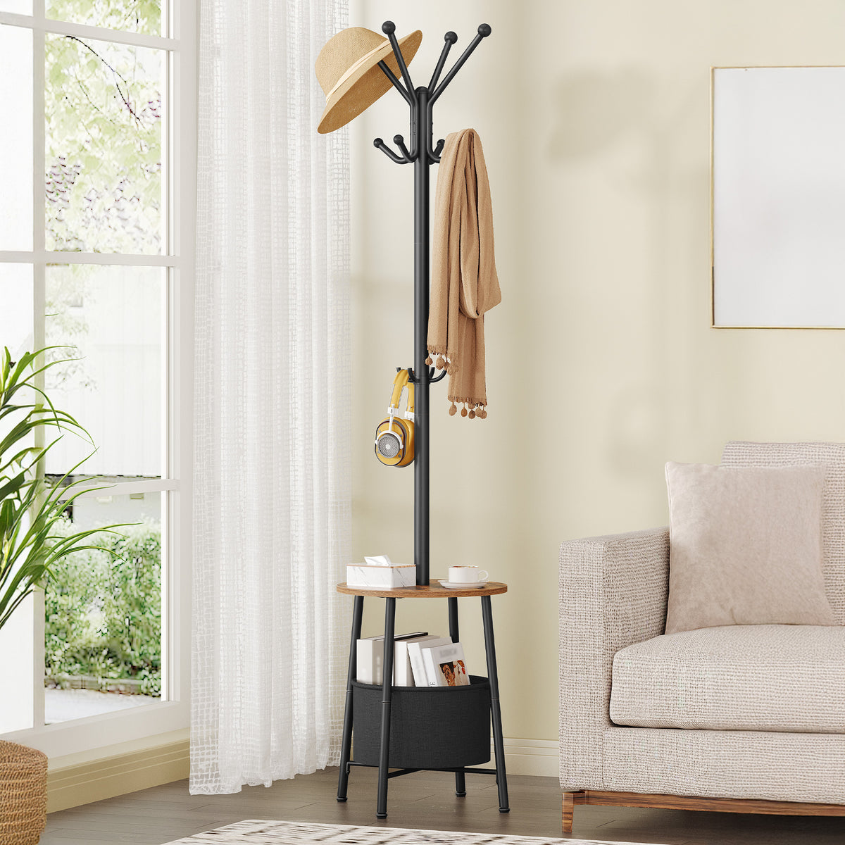 joyunite Coat Rack, Free-Standing Coat Rack with Large Storage Basket, 12 Hooks and 1 Shelf for Scarves, Bags, 182 cm, Rustic Brown and Black CR62601B
