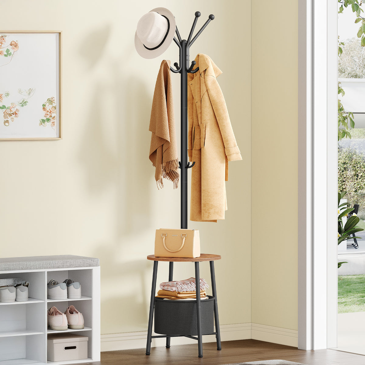 joyunite Coat Rack, Free-Standing Coat Rack with Large Storage Basket, 12 Hooks and 1 Shelf for Scarves, Bags, 182 cm, Rustic Brown and Black CR62601B