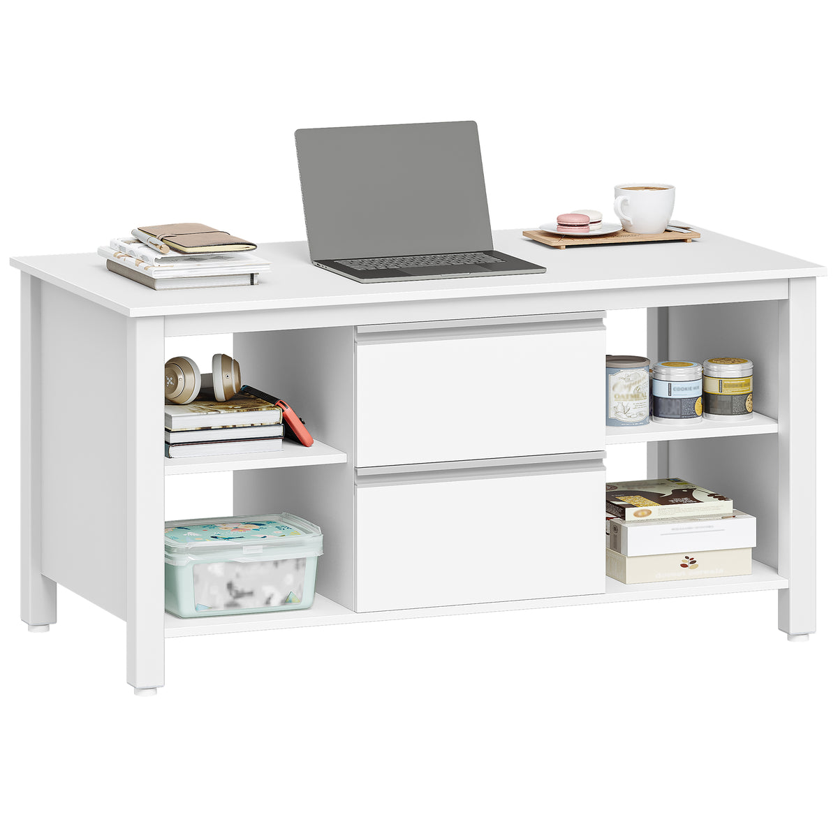 joyunite Coffee Table, Living Room Table with 2 Drawers and 4 Open Compartments, Sofa Table, Steel Legs, for the Living Room, 50 x 100 x 50 cm, White-Silver CT22003W