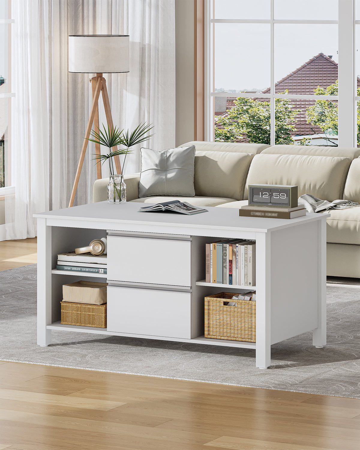 joyunite Coffee Table, Living Room Table with 2 Drawers and 4 Open Compartments, Sofa Table, Steel Legs, for the Living Room, 50 x 100 x 50 cm, White-Silver CT22003W