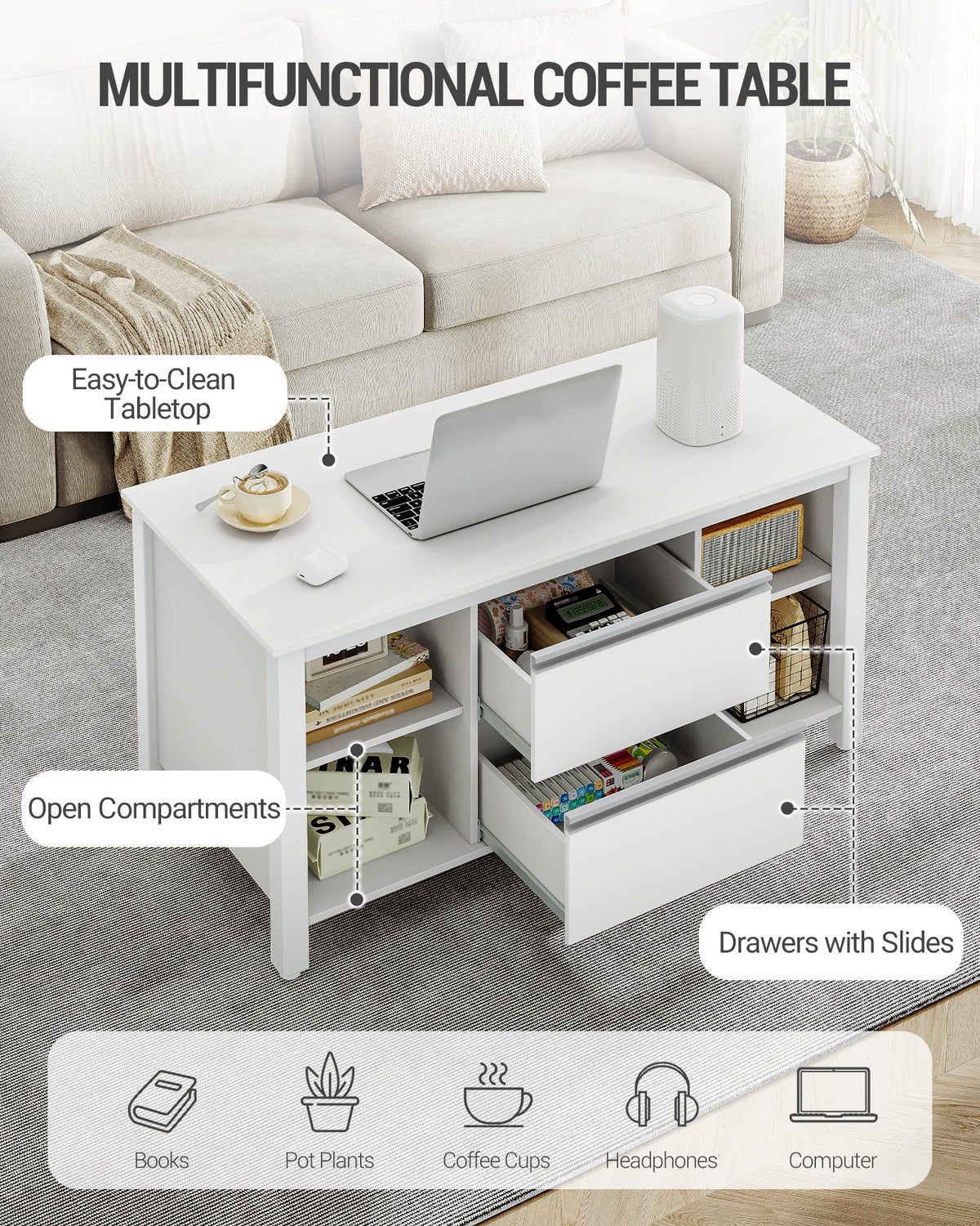 joyunite Coffee Table, Living Room Table with 2 Drawers and 4 Open Compartments, Sofa Table, Steel Legs, for the Living Room, 50 x 100 x 50 cm, White-Silver CT22003W