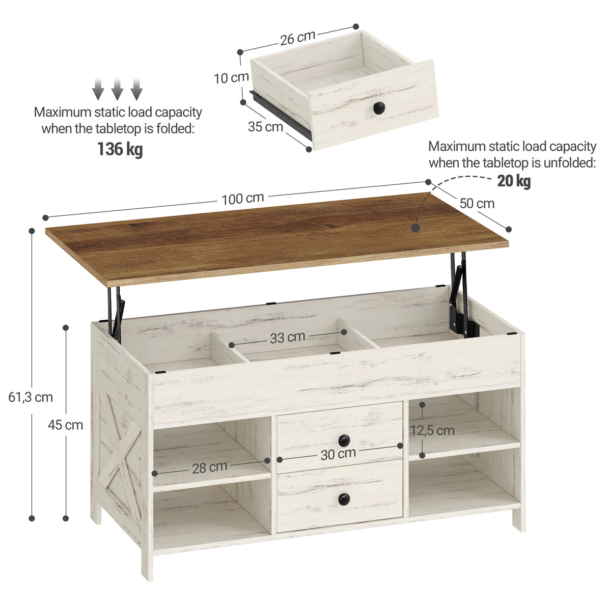 joyunite Coffee Table, Height-Adjustable Living Room Table, Sofa Table, 2 Drawers and Hidden Storage, 50 x 100 x 47.3-61.3 cm, for Living Room, Dining Room, Office, White-Brown CT22114B