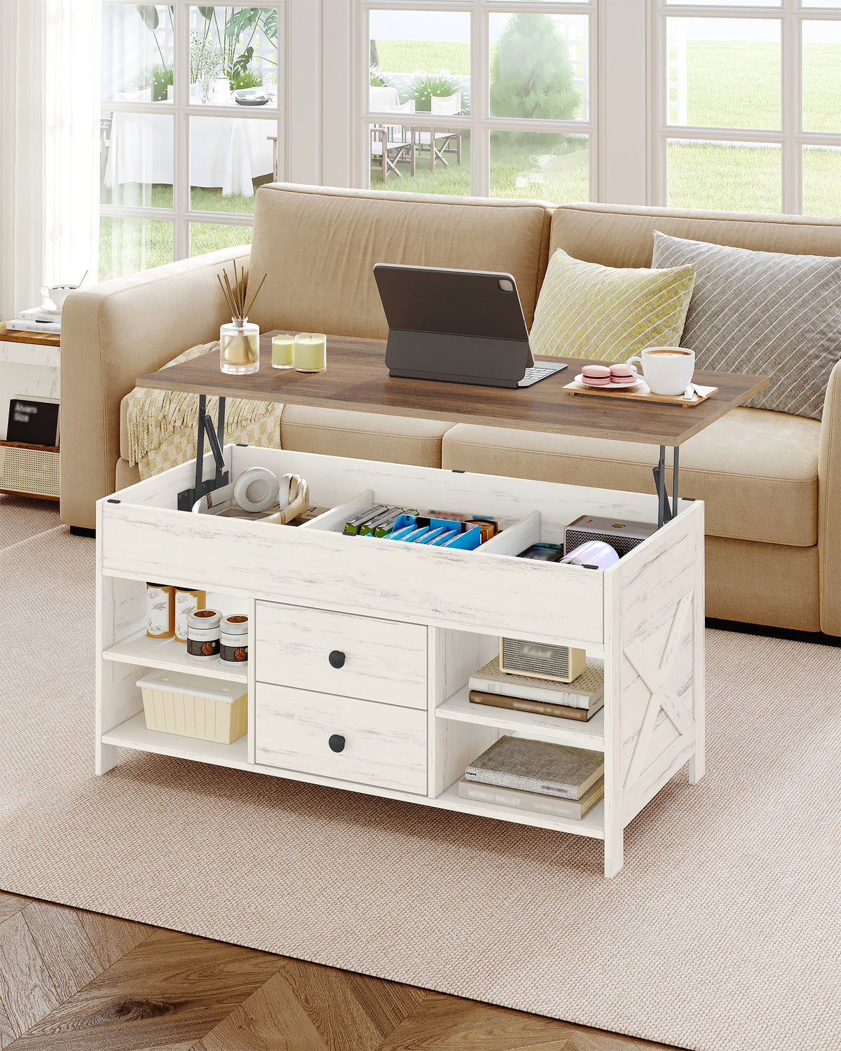 joyunite Coffee Table, Height-Adjustable Living Room Table, Sofa Table, 2 Drawers and Hidden Storage, 50 x 100 x 47.3-61.3 cm, for Living Room, Dining Room, Office, White-Brown CT22114B
