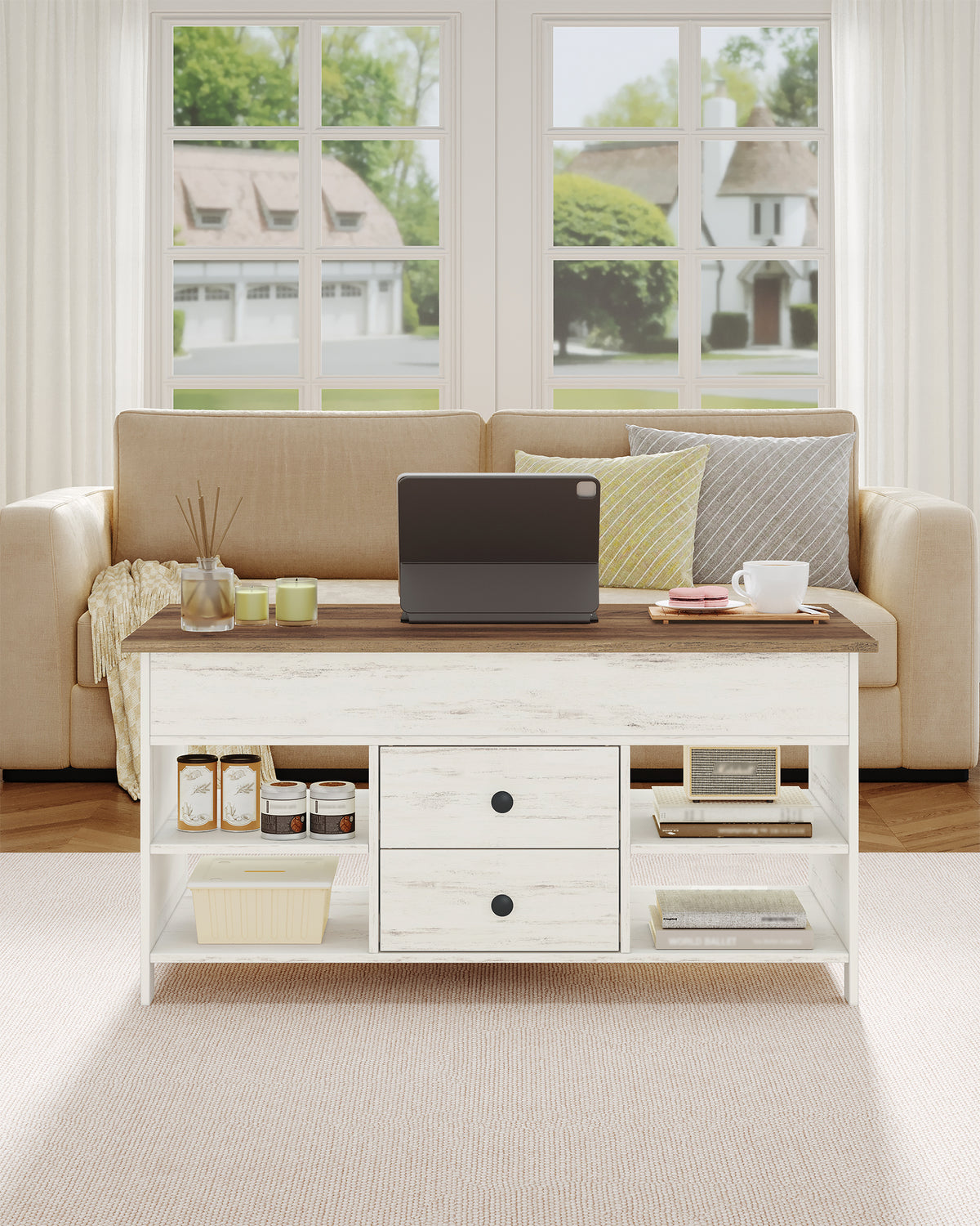 joyunite Coffee Table, Height-Adjustable Living Room Table, Sofa Table, 2 Drawers and Hidden Storage, 50 x 100 x 47.3-61.3 cm, for Living Room, Dining Room, Office, White-Brown CT22114B