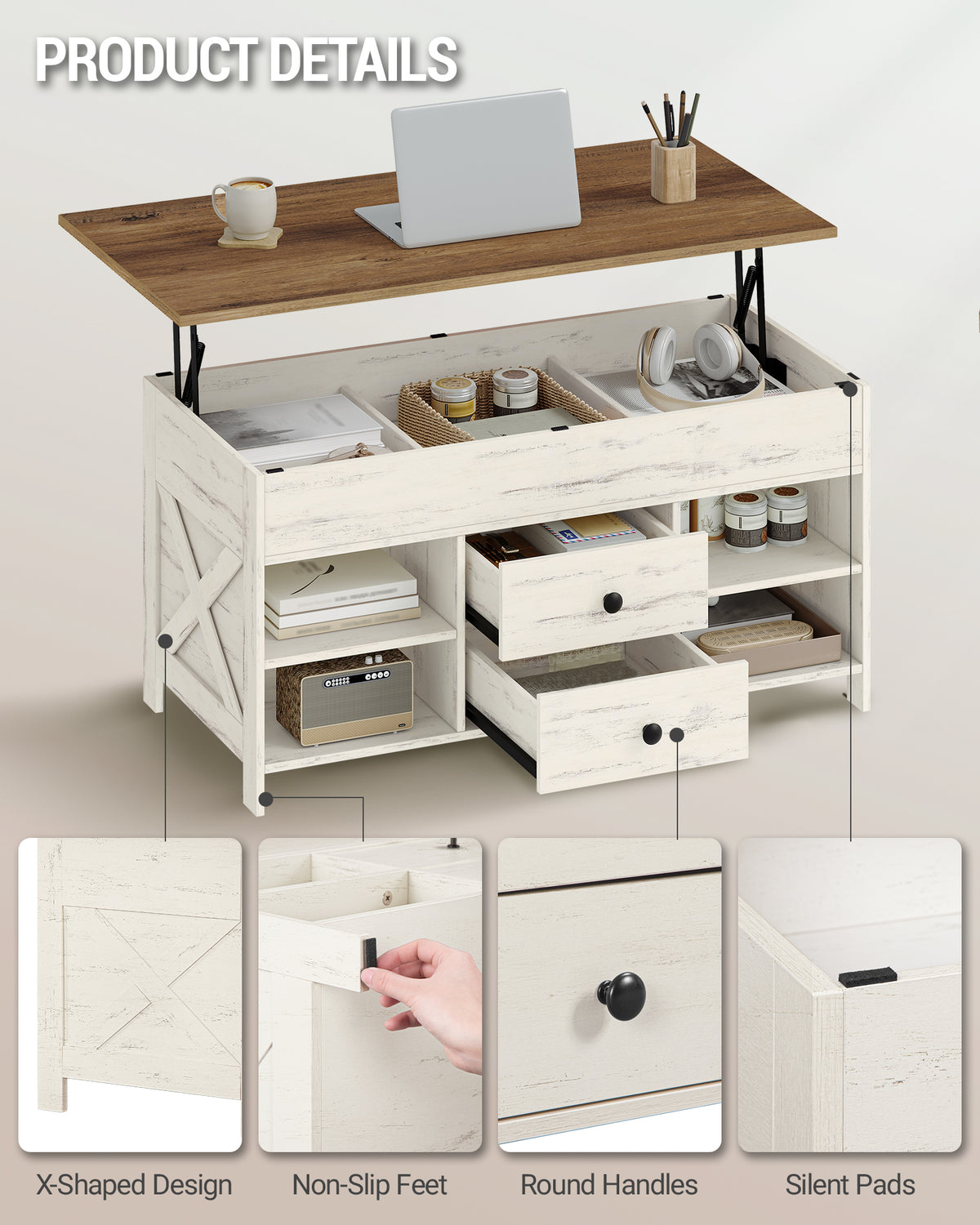 joyunite Coffee Table, Height-Adjustable Living Room Table, Sofa Table, 2 Drawers and Hidden Storage, 50 x 100 x 47.3-61.3 cm, for Living Room, Dining Room, Office, White-Brown CT22114B