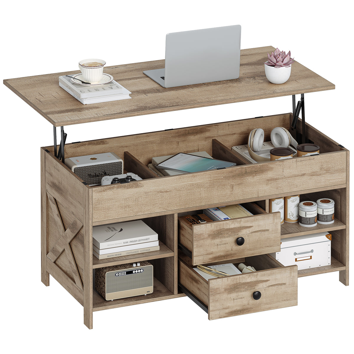 joyunite Coffee Table, Height-Adjustable Living Room Table, Sofa Table, 2 Drawers and Hidden Storage, 50 x 100 x 47.3-61.3 cm, for Living Room, Dining Room, Office, Camel Brown-Black CT22123B