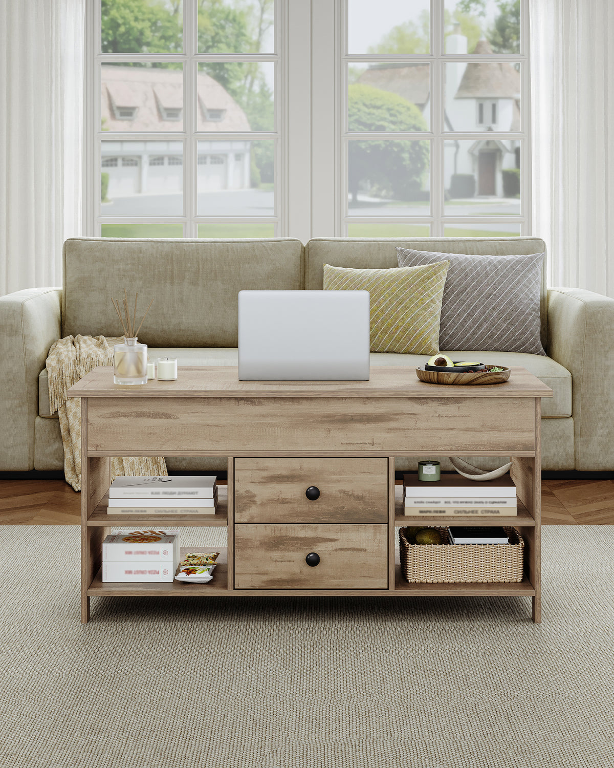 joyunite Coffee Table, Height-Adjustable Living Room Table, Sofa Table, 2 Drawers and Hidden Storage, 50 x 100 x 47.3-61.3 cm, for Living Room, Dining Room, Office, Camel Brown-Black CT22123B