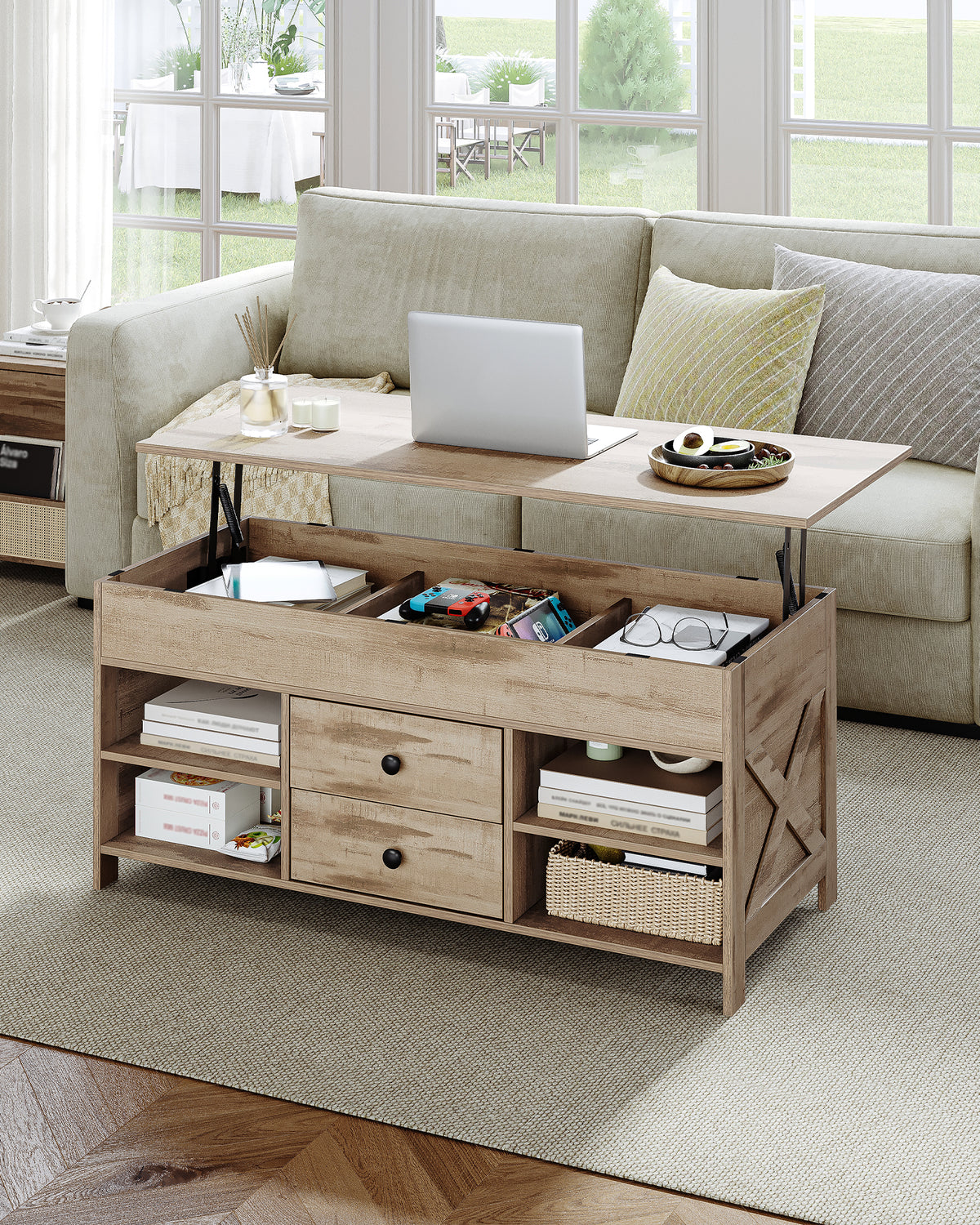 joyunite Coffee Table, Height-Adjustable Living Room Table, Sofa Table, 2 Drawers and Hidden Storage, 50 x 100 x 47.3-61.3 cm, for Living Room, Dining Room, Office, Camel Brown-Black CT22123B