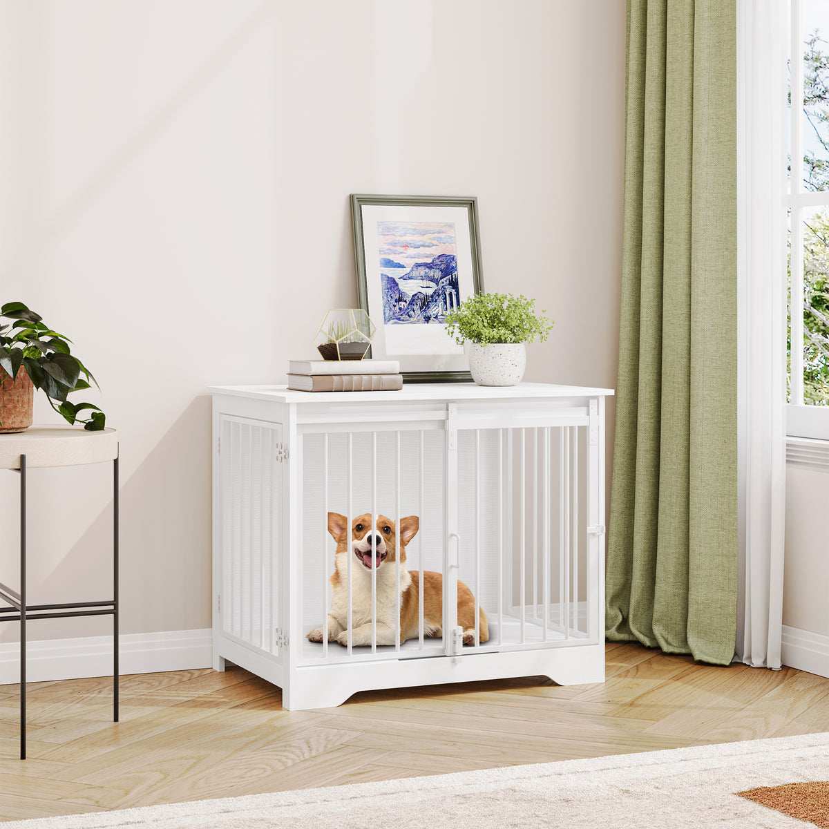 joyunite Dog Cage Furniture, 81cm Dog Box for Home Use, Sliding Doors, 2 Doors, Modern Wooden Indoor Dog Box for Small/Medium Dogs, Dog Cage for Home Use, 81 x 55 x 67.5 cm, White DFC83613W