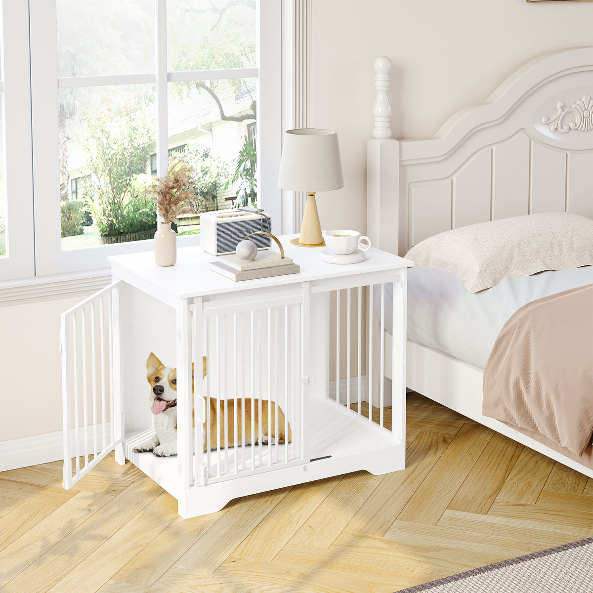 joyunite Dog Cage Furniture, 81cm Dog Box for Home Use, Sliding Doors, 2 Doors, Modern Wooden Indoor Dog Box for Small/Medium Dogs, Dog Cage for Home Use, 81 x 55 x 67.5 cm, White DFC83613W