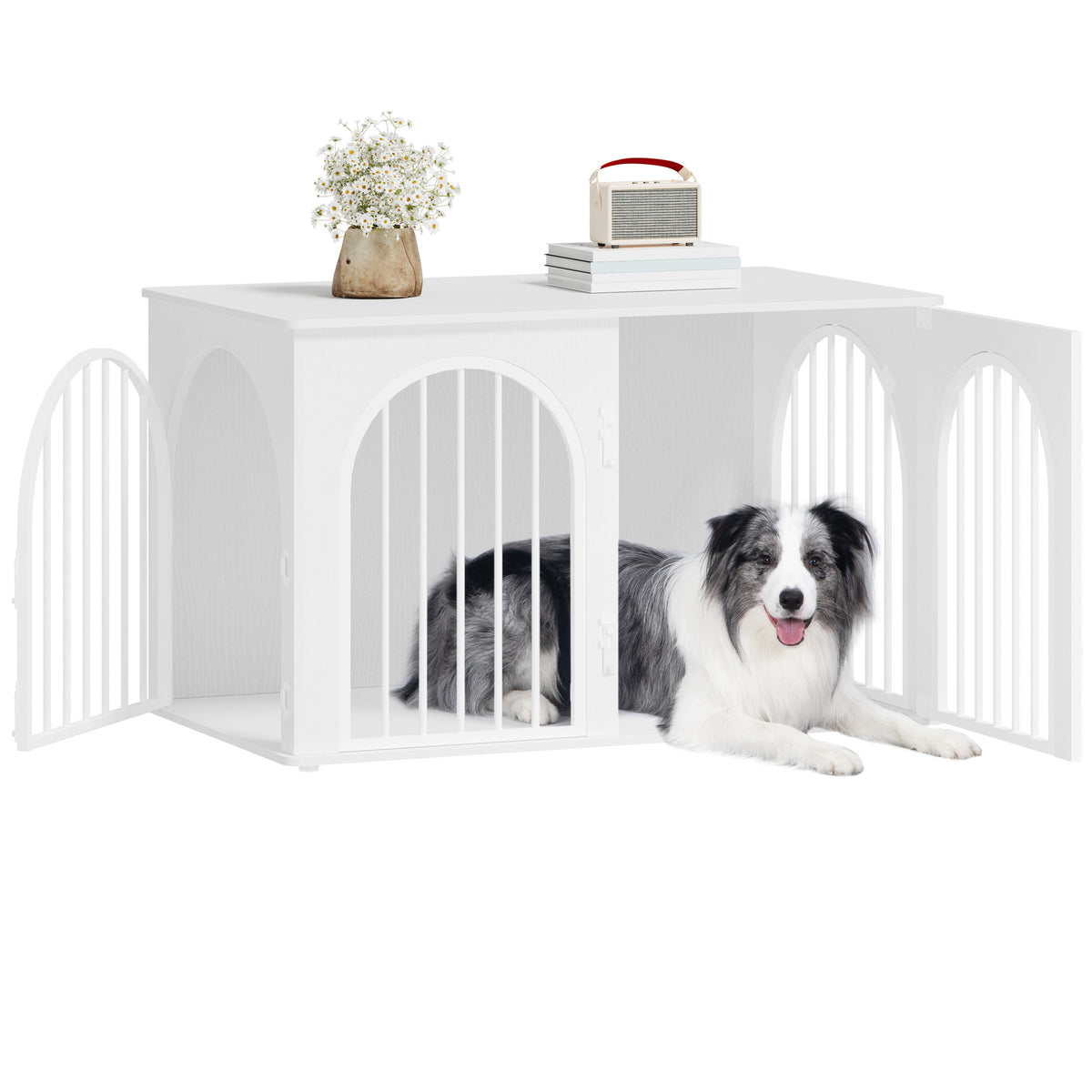 joyunite Dog Cage Furniture, Dog Box for Home, 3 Doors, Arch Door, Modern Dog Box Indoor for Dogs, Side Table, Dog Cage Heavy Duty, White DFC84113W
