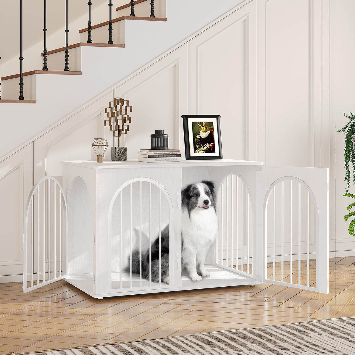 joyunite Dog Cage Furniture, Dog Box for Home, 3 Doors, Arch Door, Modern Dog Box Indoor for Dogs, Side Table, Dog Cage Heavy Duty, White DFC84113W