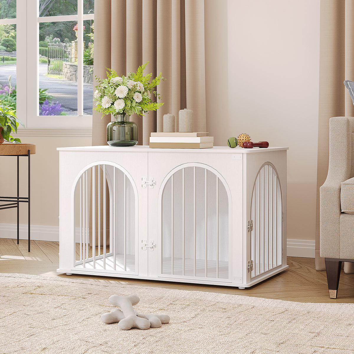 joyunite Dog Cage Furniture, Dog Box for Home, 3 Doors, Arch Door, Modern Dog Box Indoor for Dogs, Side Table, Dog Cage Heavy Duty, White DFC84113W